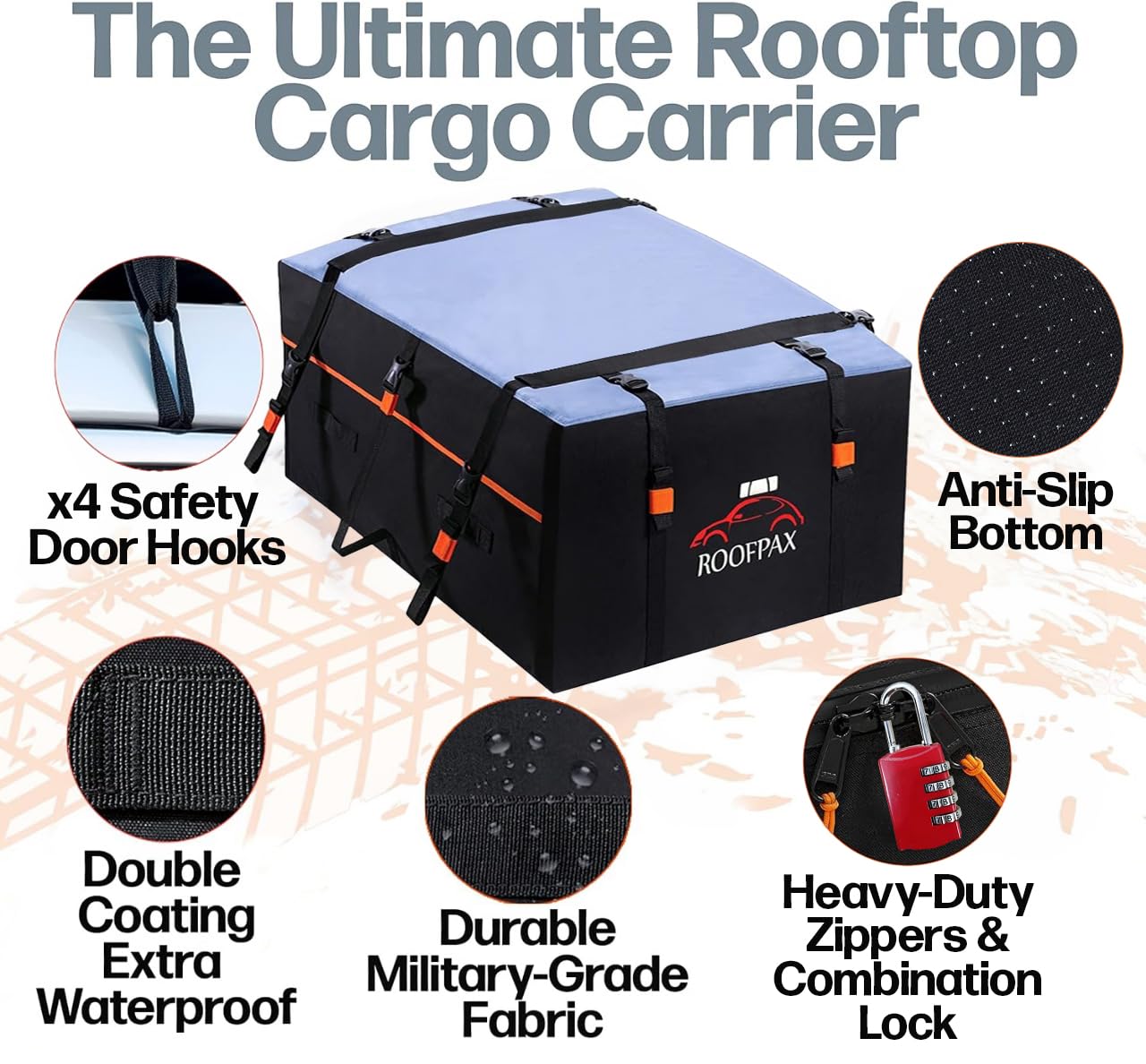 RoofPax XXL 28 cuft Car Rooftop Cargo Carrier Bag Extra Waterproof Car Roof Storage with 10 Heavy Duty Tie Down Straps and 4 Hoo