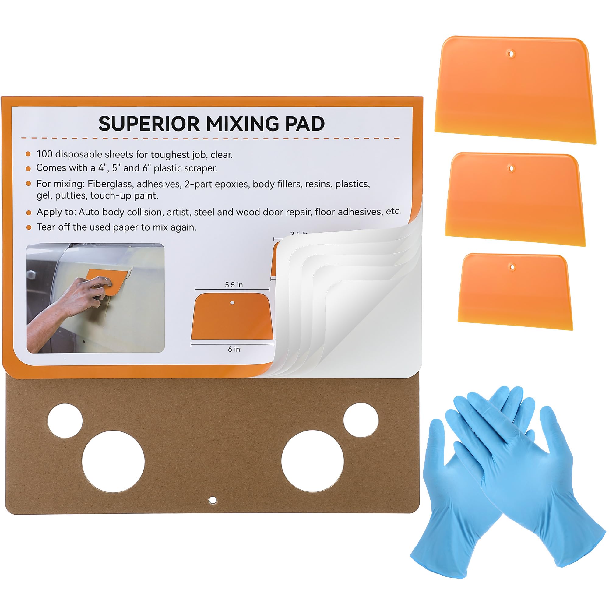 Saillong Body Filler Mixing Board Kit, Body Filler Mixing Pad 12-12 in, Yellow Plastic Scrapers (4-5-6 in), Disposable Paper Tea