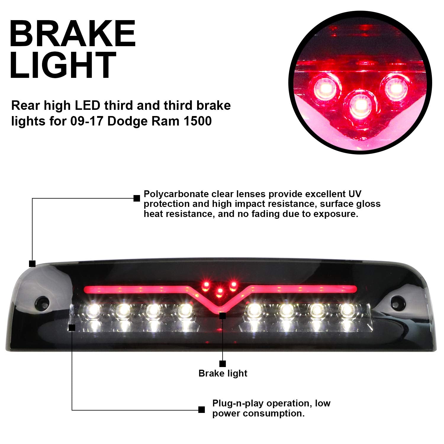 Youxmoto Fit For Dodge Ram 2009-2017 1500 2010-2017 2500 3500 Led 3Rd Brake Light Third Brake Light High Mount Stop Light Cargo Lamp Black Housing Smoke Lens 55372082Ad 55372082Ac