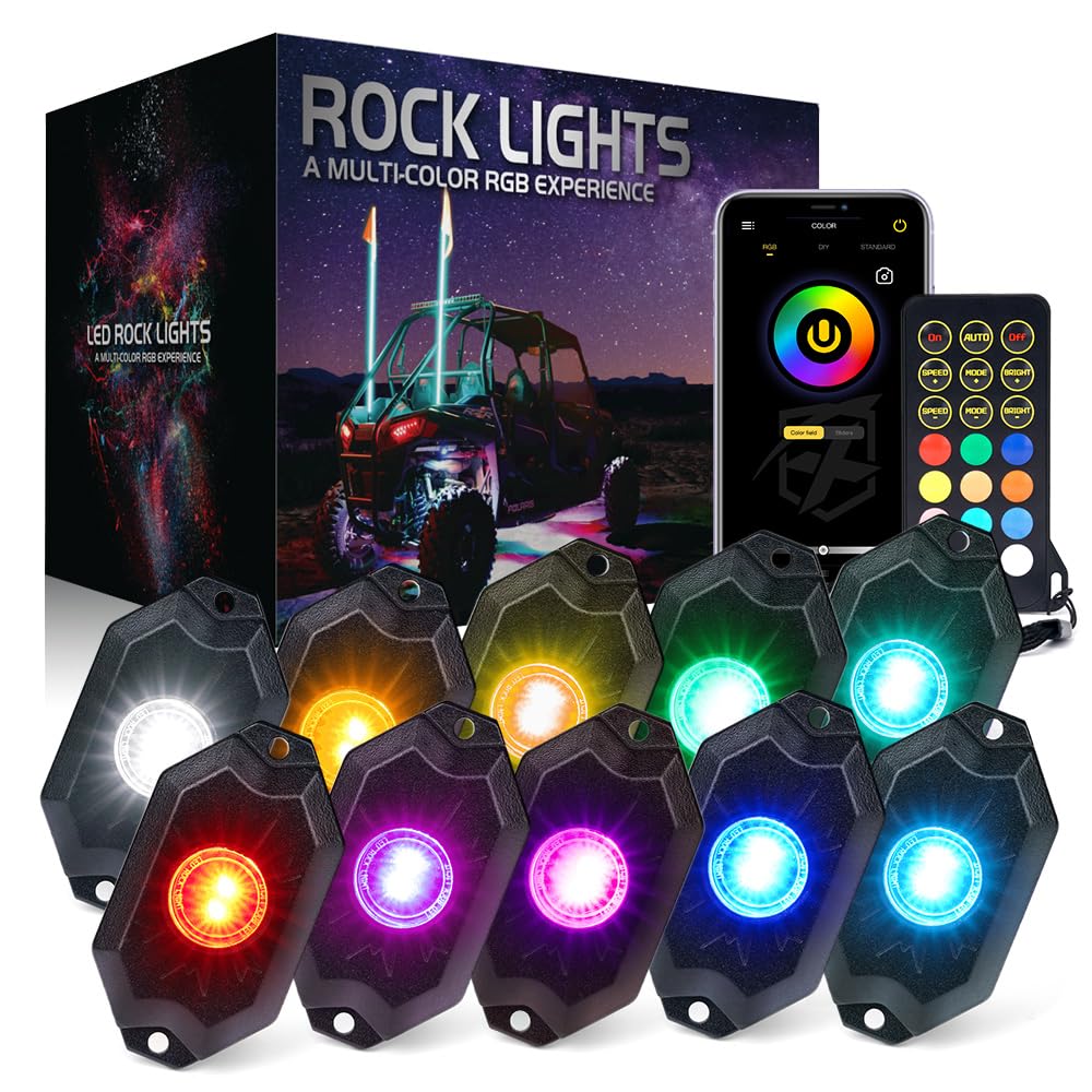 Xprite Rgbw Led Rock Lights Kit With Bluetooth & Wireless Remote Controller, Multicolor Cars Underglow, Wheel, Footwell Neon Lig