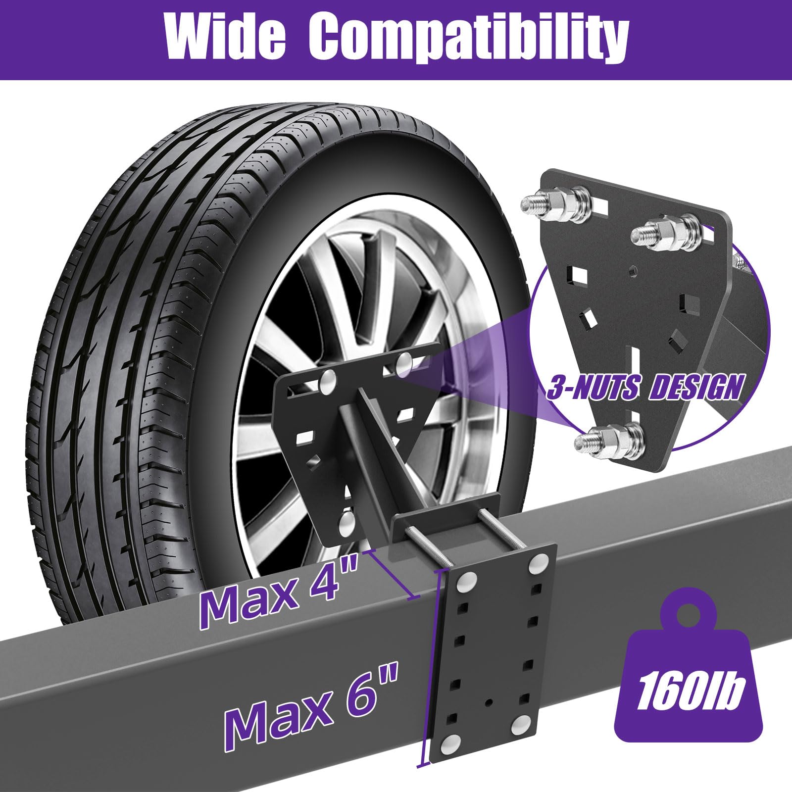 Qualward Spare Tire Mount Bracket For Trailer & Carrier - 160Lbs Capacity, Fits 4 & 5 & 6 & 8 Lugs Wheels On 4.0'',4.25'',4.5'',