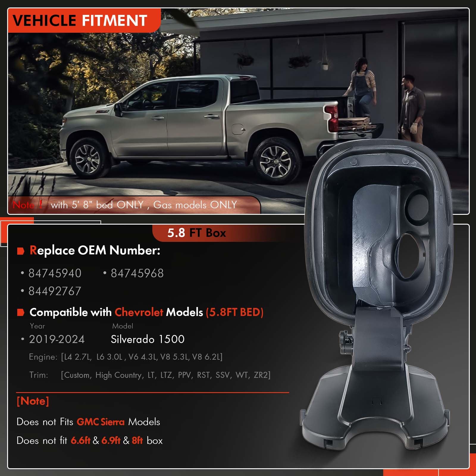 84745940 Fuel Tank Filler Pipe Housing Fit For Chevy Silverado 1500 2019-2024 Only Fit Chevrolet Gas 5'8'' Bed, Gas Cap Fuel Doo