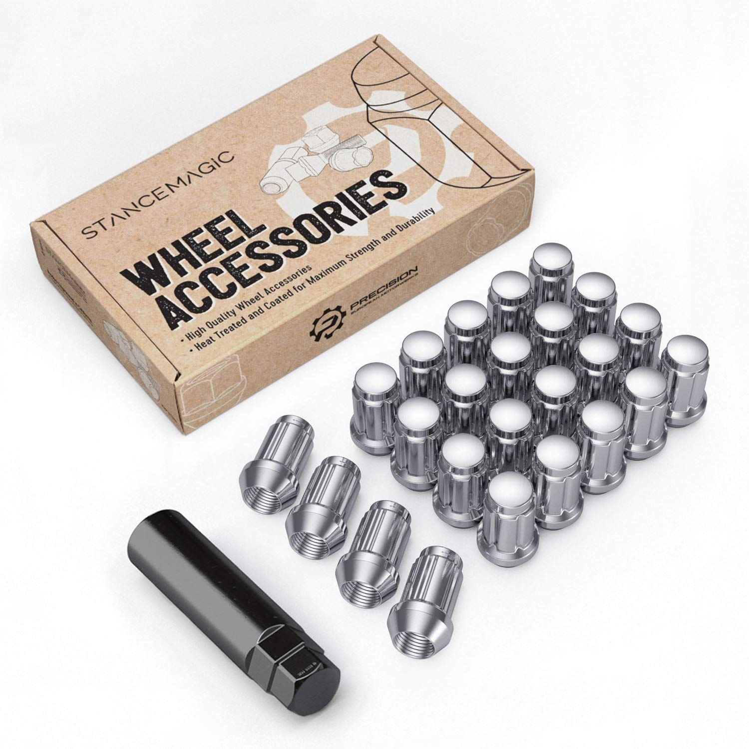 24pcs Chrome Silver Spline Drive Lug Nuts - 1/2x20 Threads - 1.4 inch Length - Closed End - Cone Acorn Taper Seat - Includes 1 S