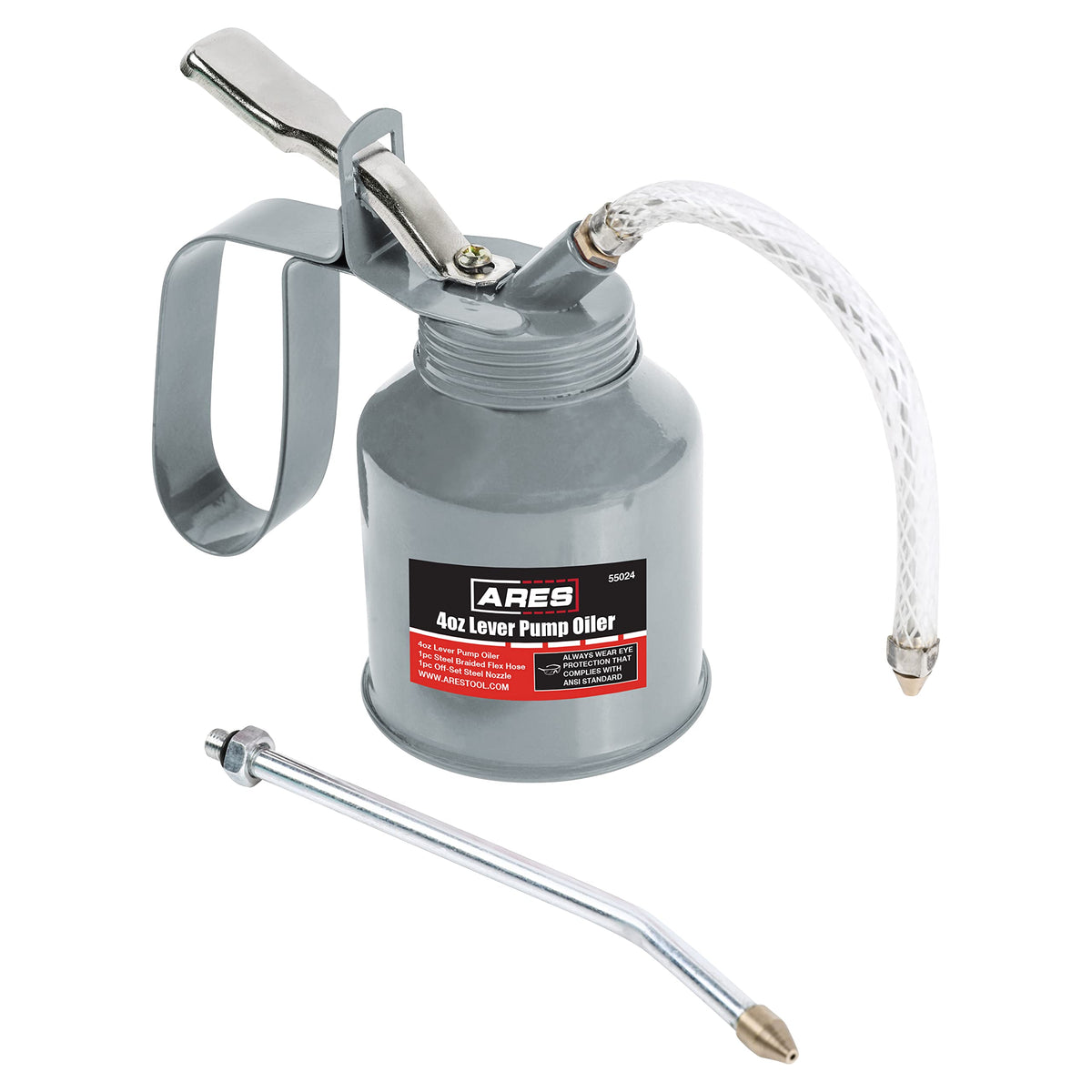 ARES 55024 - 4oz Gray Lever Style Oiler Can - Includes Steel Braided Flex Hose & Offset Rigid Steel Nozzle - High Pressure Pump