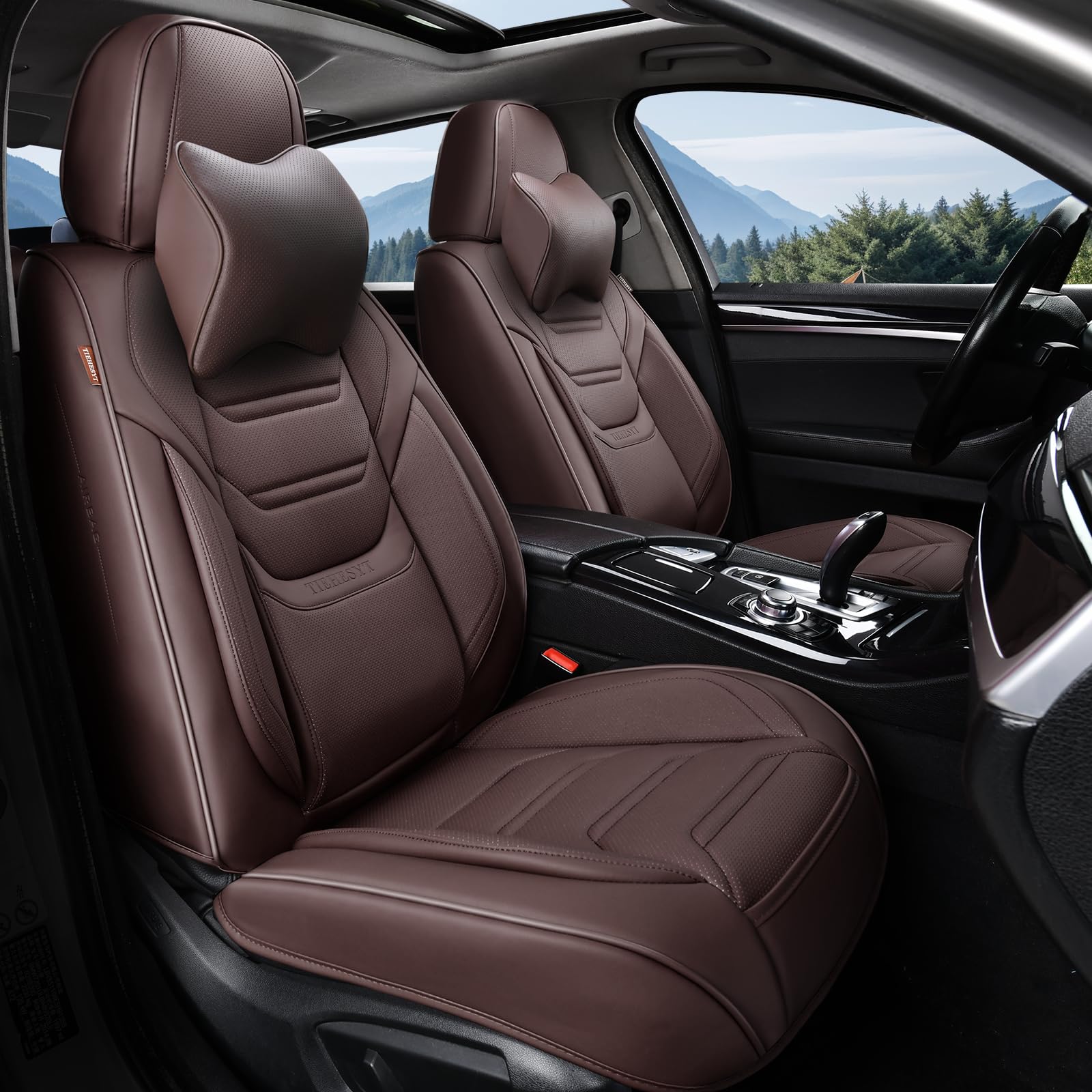 Tiehesyt Mature Brown Car Seat Covers, Breathable Faux Leather, Universal Fit, Front Pair With Headrest, Compatible With Most Ve