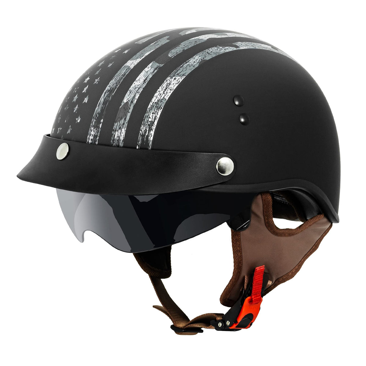 Vcan Cruiser Solid Flat Black Half Face Motorcycle Helmet With Drop-Down Sun Visor, Removable Peak And Quick Release Buckle (Ash