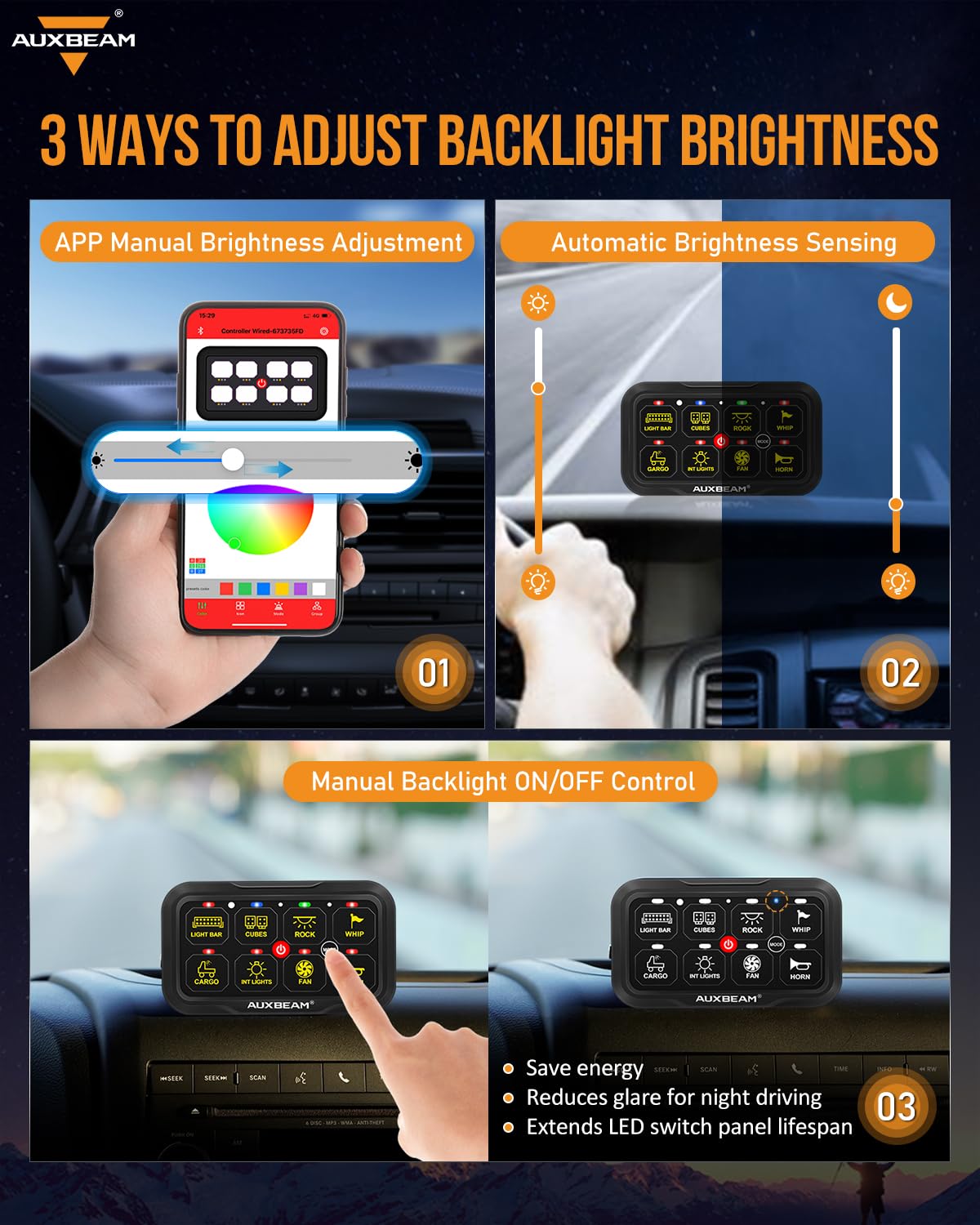 Auxbeam 8 Gang Switch Panel Bluetooth Ar-800 Rgb Switch Pod With Backlit Off Toggle Momentary Pulsed Auxiliary Switch Panel For