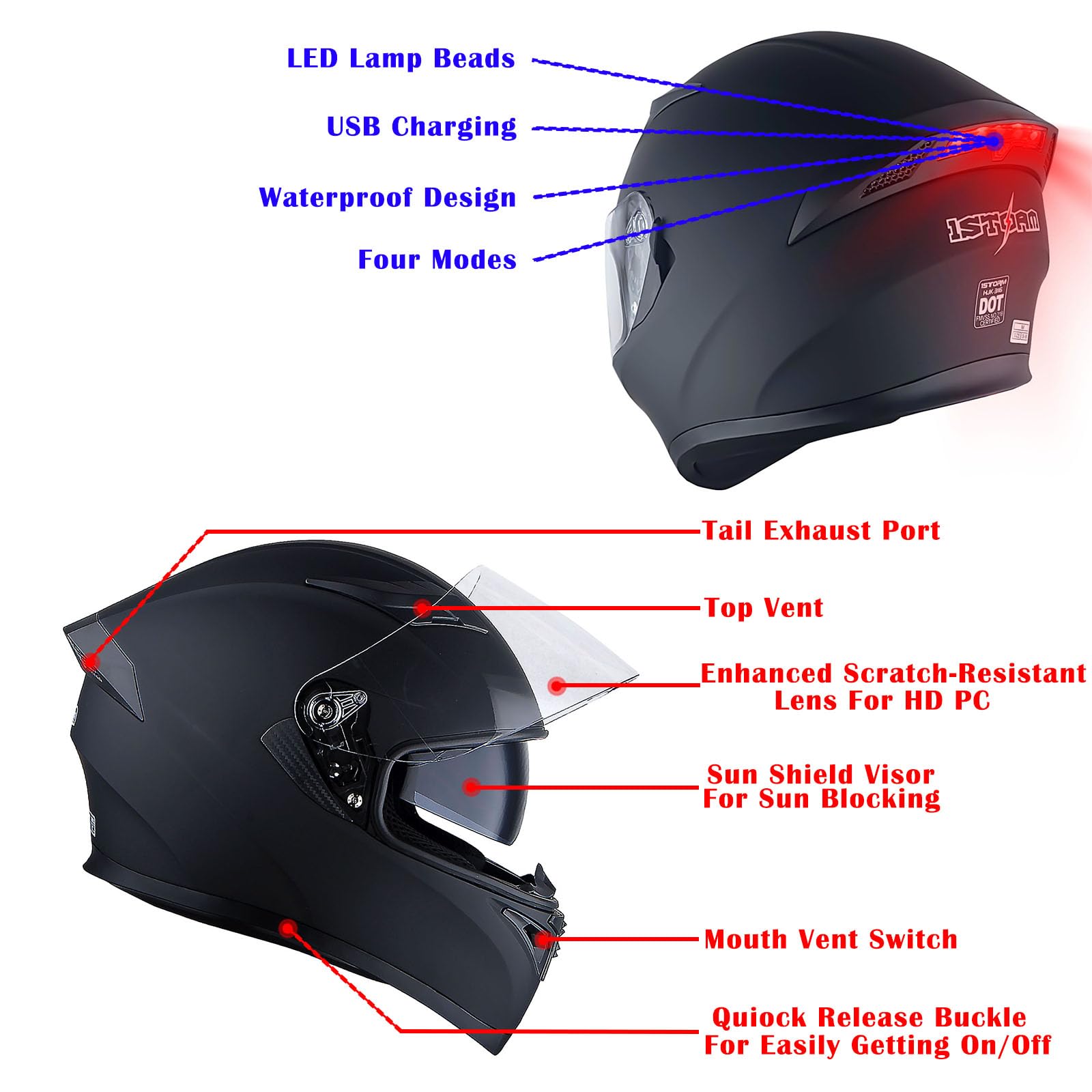 1Storm Motorcycle Street Bike Dual Visor/Sun Visor Full Face Helmet Mechanic With Led Tail Light: Matt Black