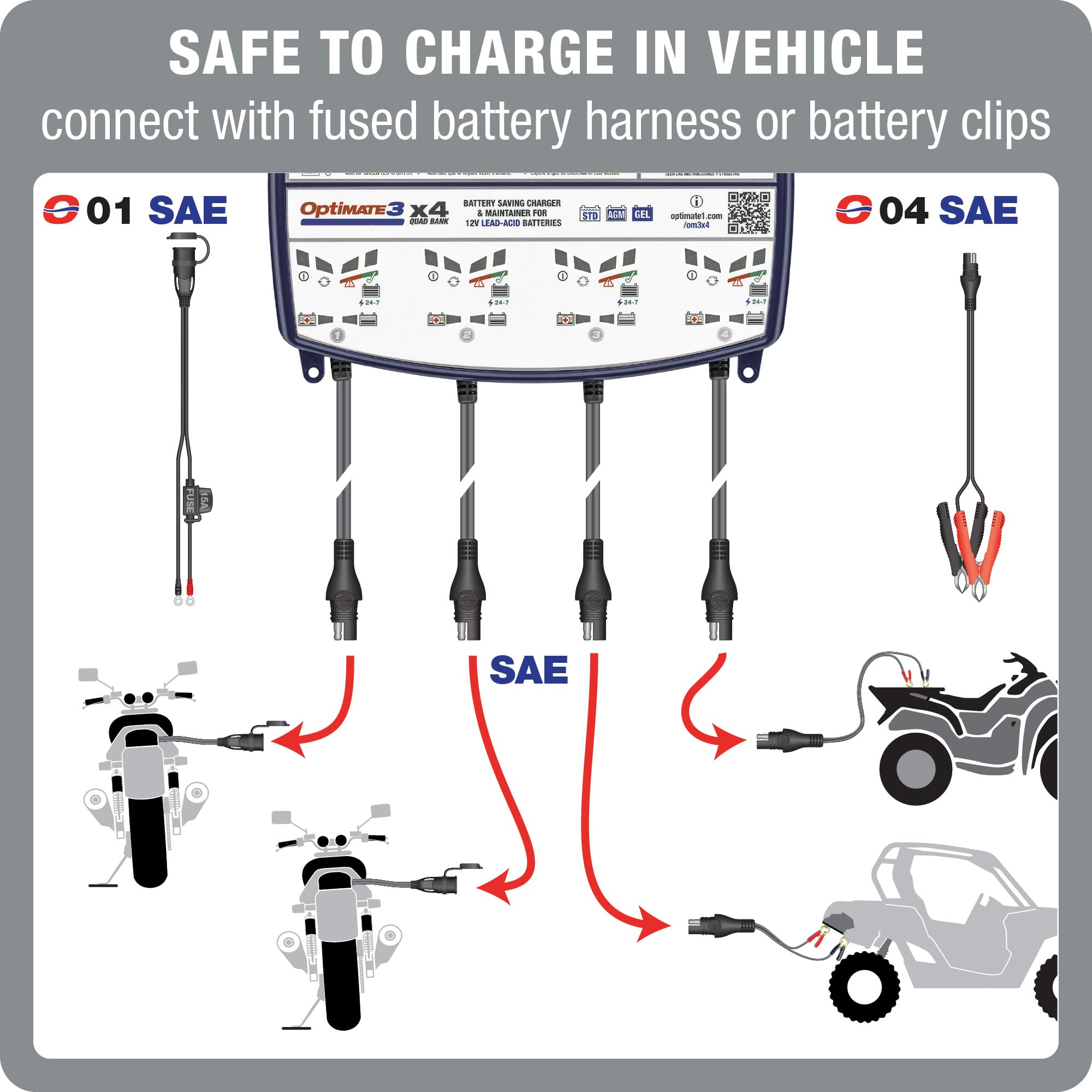 OptiMate3 0.8A x4 Bank, Smart Quad-Bank Battery Saving Charger for 12V Lead-acid Motorcycle and Powersport Batteries