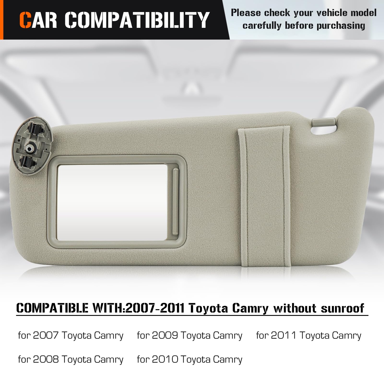Sun Visor For 2007-2011 Toyota Camry Without Sunroof, Left Driver Side Beige Sunvisor Replacement 74320-06780-B0, 74320-33B81-B0