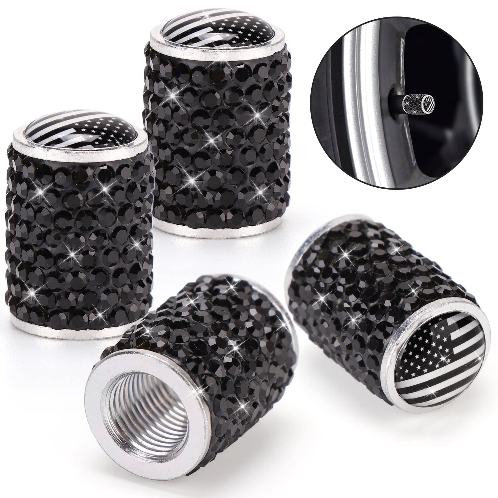 ToBeQueen Bling Black Flag Valve Stem Covers, 4 Pack Handmade Crystal Rhinestone Diamond Tire Caps Universal Dustprood Bling Fla
