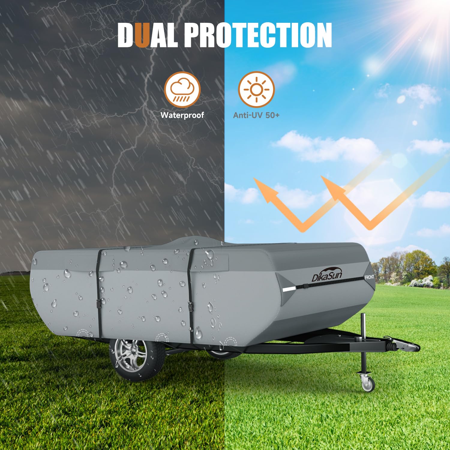 DikaSun Pop Up Camper Cover, 12'-14', 7 Layers Waterproof, Anti-UV, DK5 - Fits Pop Up Trailer, Durable Polypropylene Material