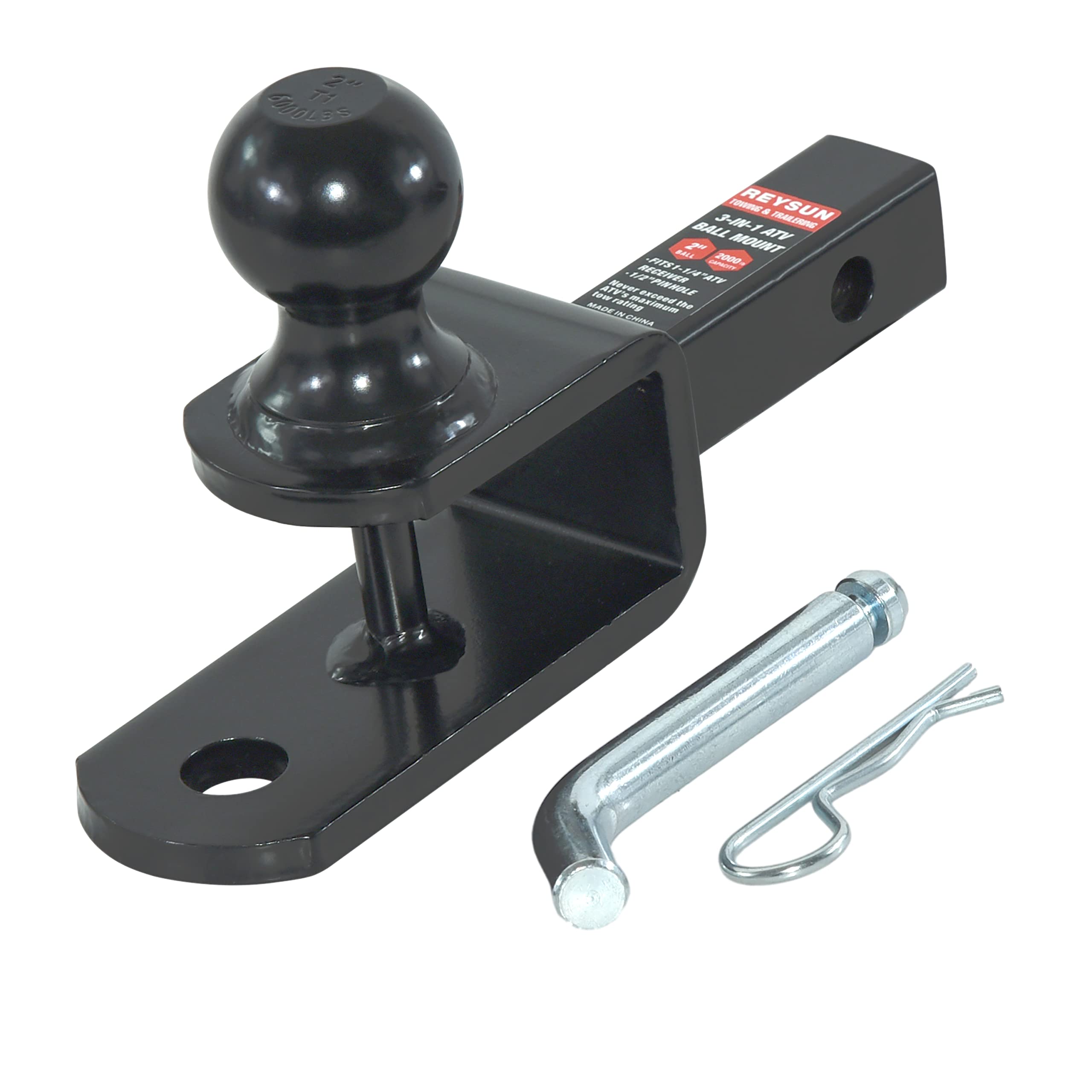 Reysun 864031 3 In 1 Atv/Utv Trailer Hitch Towing Ball Mount With 2 Inch Trailer Ball, Fits 1-1/4 Inch Hitch Receiver