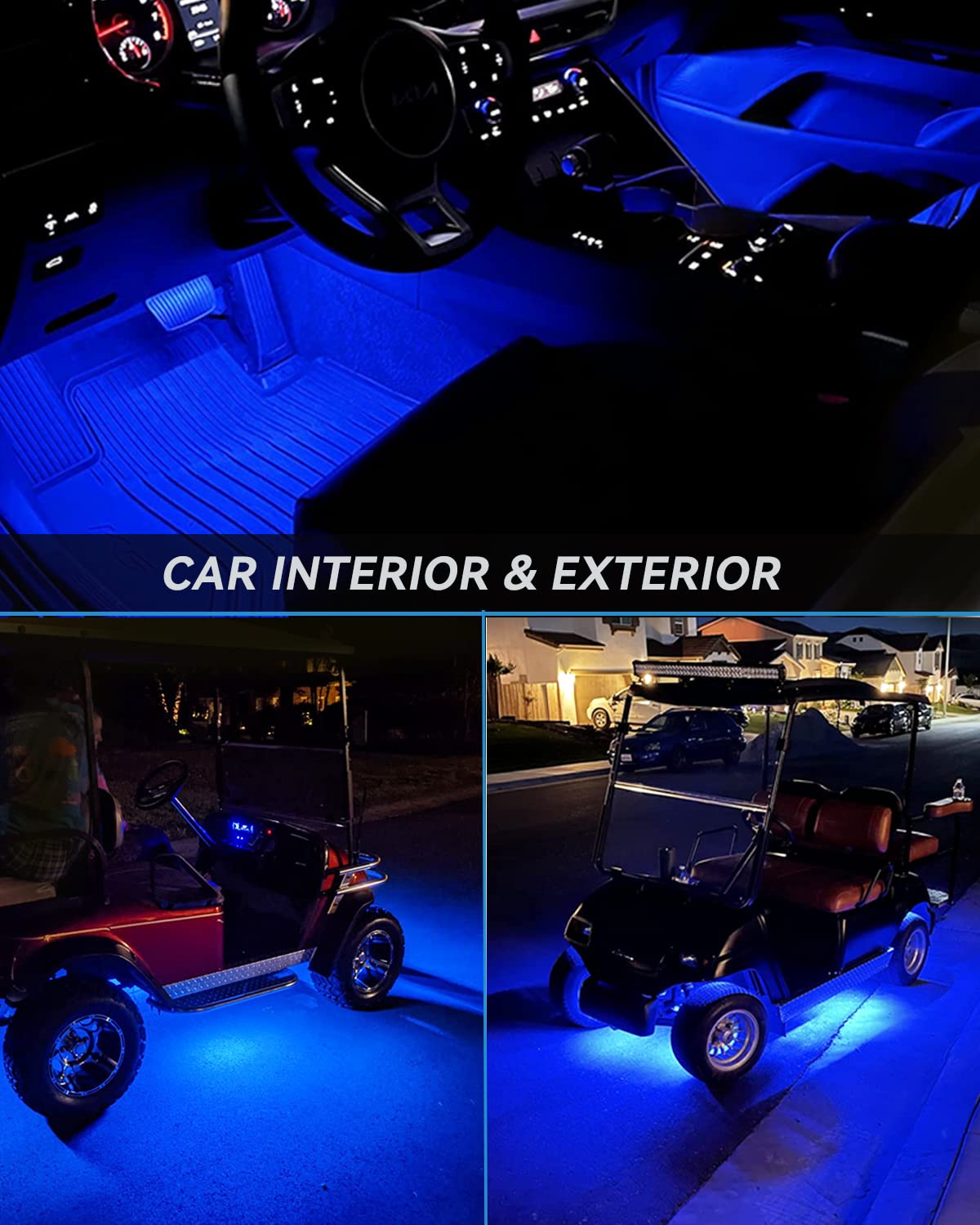 Car Led Strip Lights 24' Connectable Blue Led Light Strips For Cars Interior Lights Boat Marine Golf Cart Trucks Waterproof Led Strip 12V, 4Pack