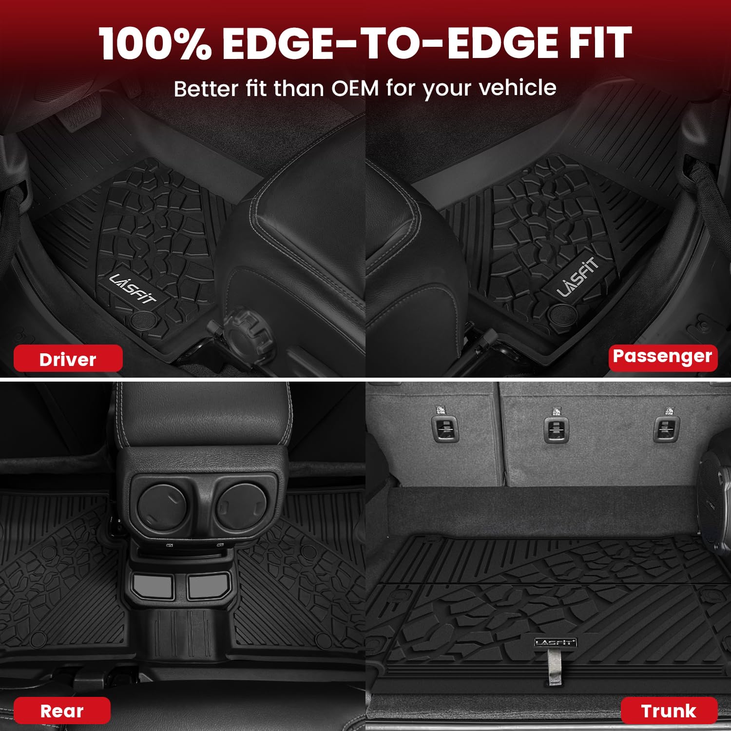 Lasfit Floor Mats & Trunk Mat For Jeep Wrangler Unlimited 4Xe 2021-2025 4 Door With Subwoofer, All Weather Tpe Custom Fit Car Ma