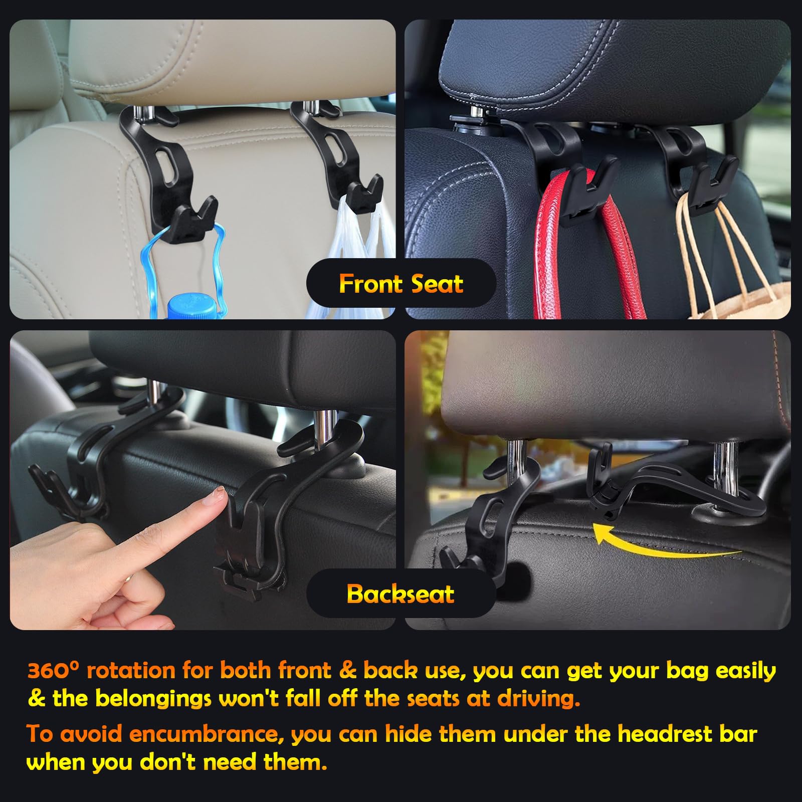 Engync Car Back Seat Headrest Hanger With 6 Car Hooks For Coat, Jacket, Suit, Clothes, Purse, Handbag, Grocery Bags - Multi-Purp