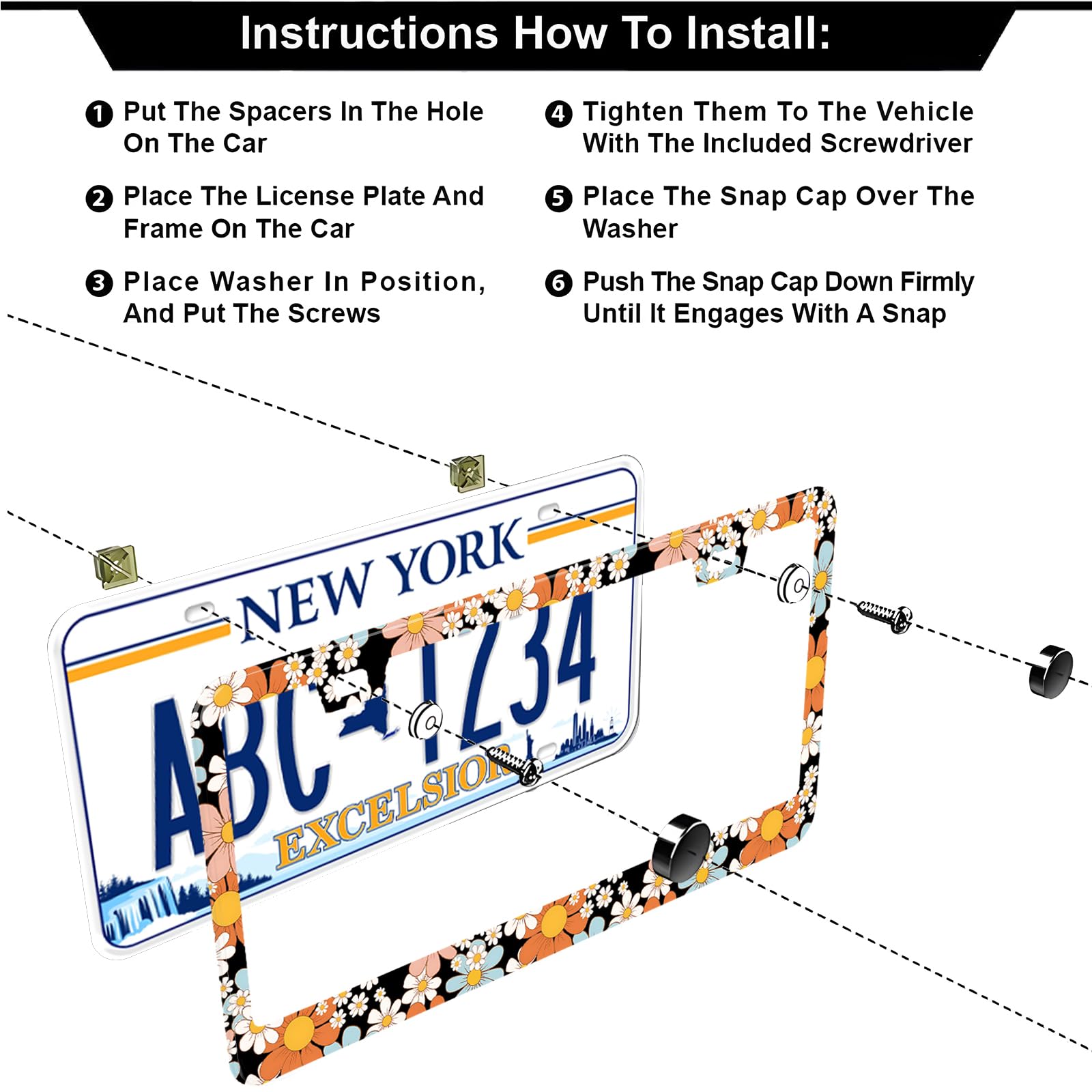 Retro Floral Daisy License Plate Frames Black, 2 Pack Colorful Flowers Car Plate Frame, Stainless Steel License Plate Holders Co