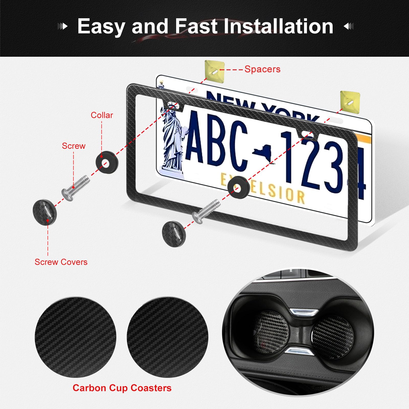 Limsas Carbon Fiber License Plate Frames Black, 2 Pack Car Plate Frame With Coasters Front And Rear Slim Thin Rust-Proof Univers