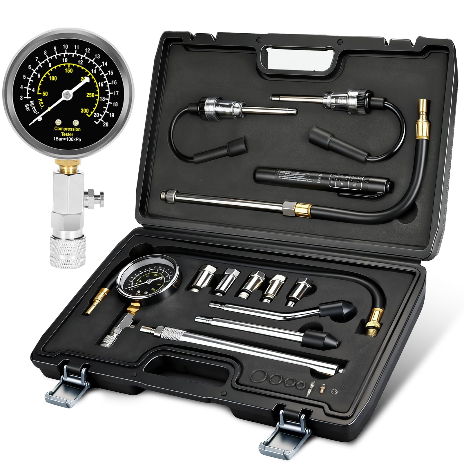 BETOOLL 14pcs Compression Tester with Spark Plug Tester & Brake Fluid Liquid Tester Pen - 300PSI Engine Cylinder Compression Gau