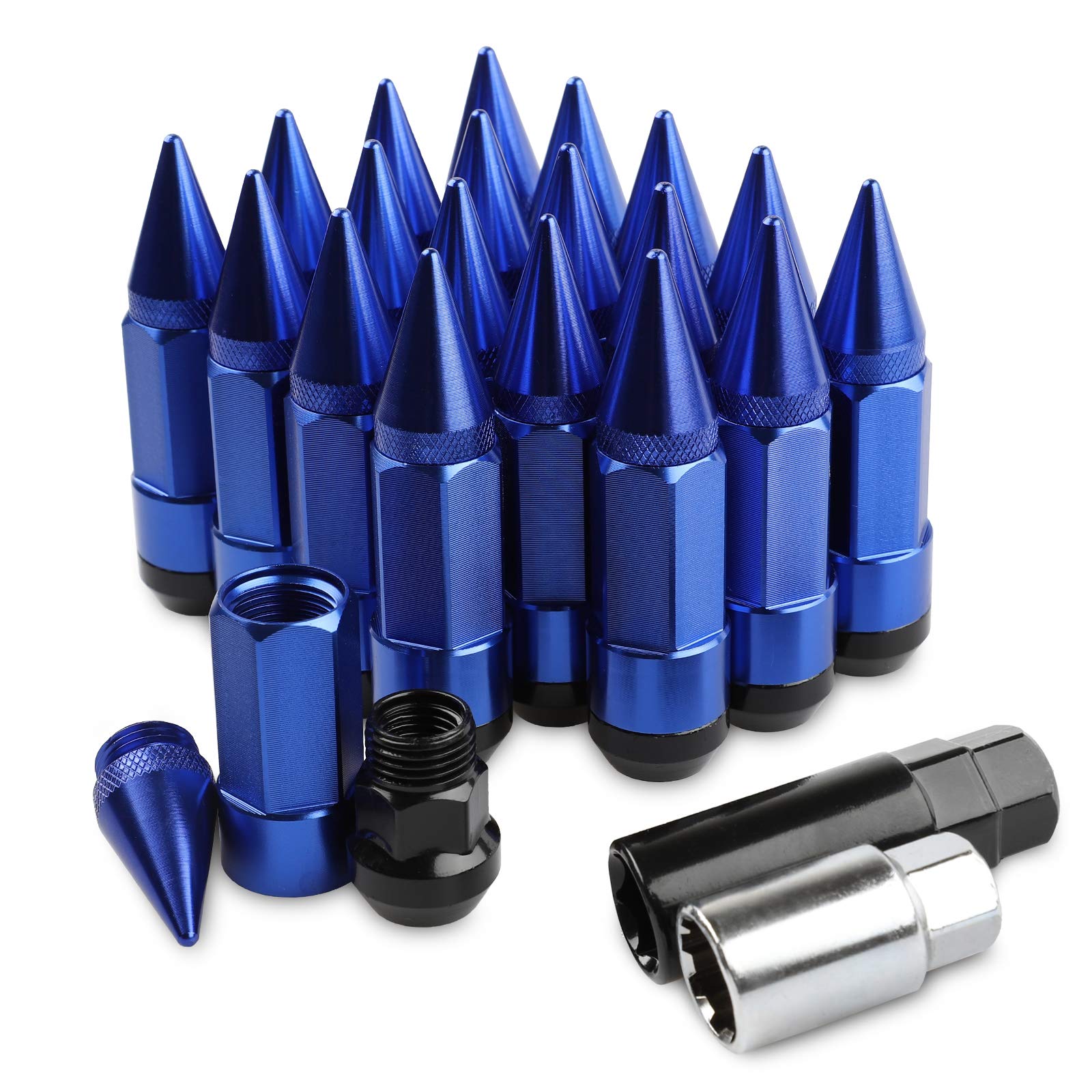 20Pcs Anti Theft Spikes Extended Tuner Wheel/Rims Lug Nuts with Wheel Locks M12X1.5+Socket (Blue)