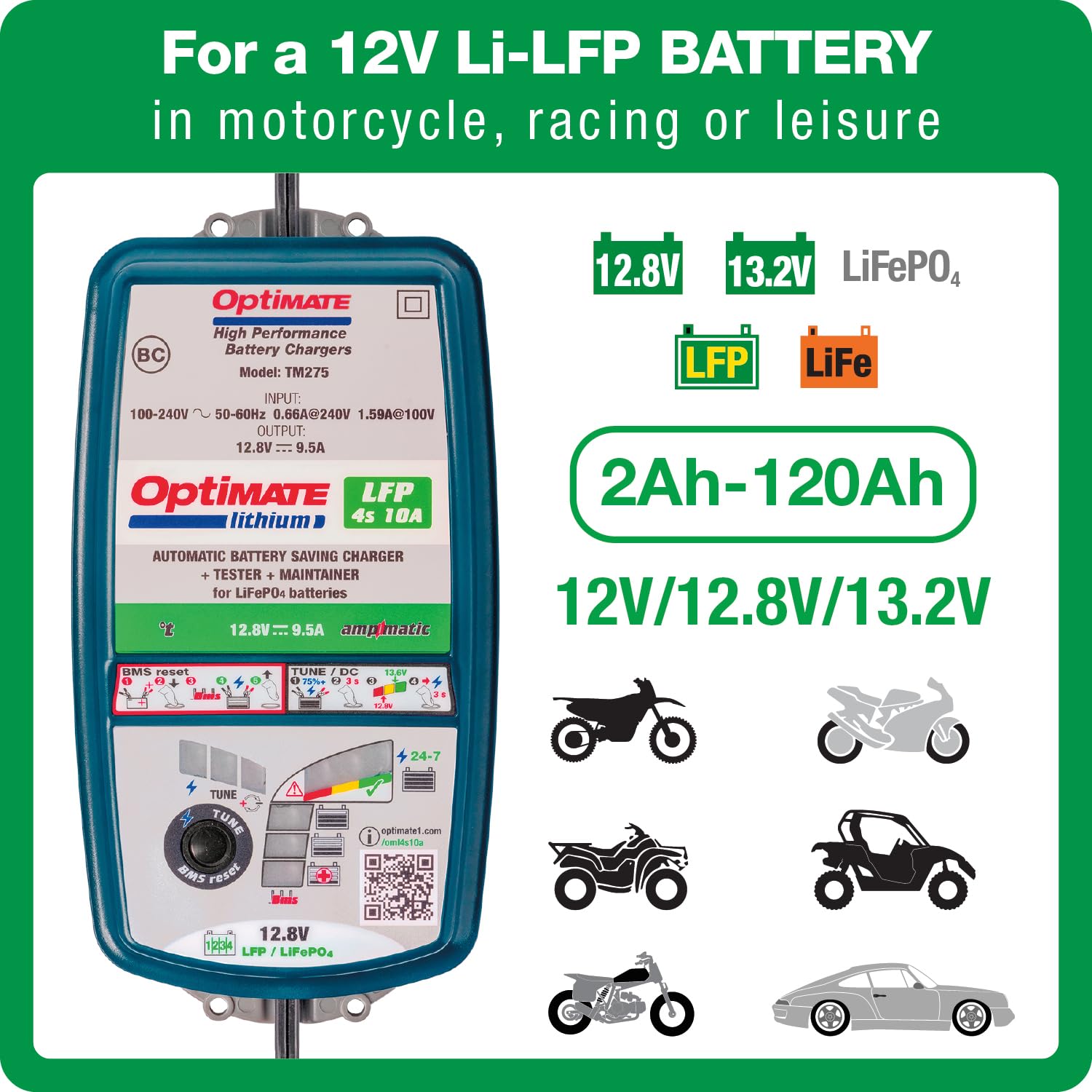 Optimate Lithium Lfp Select, Tm271V2, 10-Step 12.8V 9.5A / 16V 7.5A High Performance Battery-Saving Charger And Maintainer