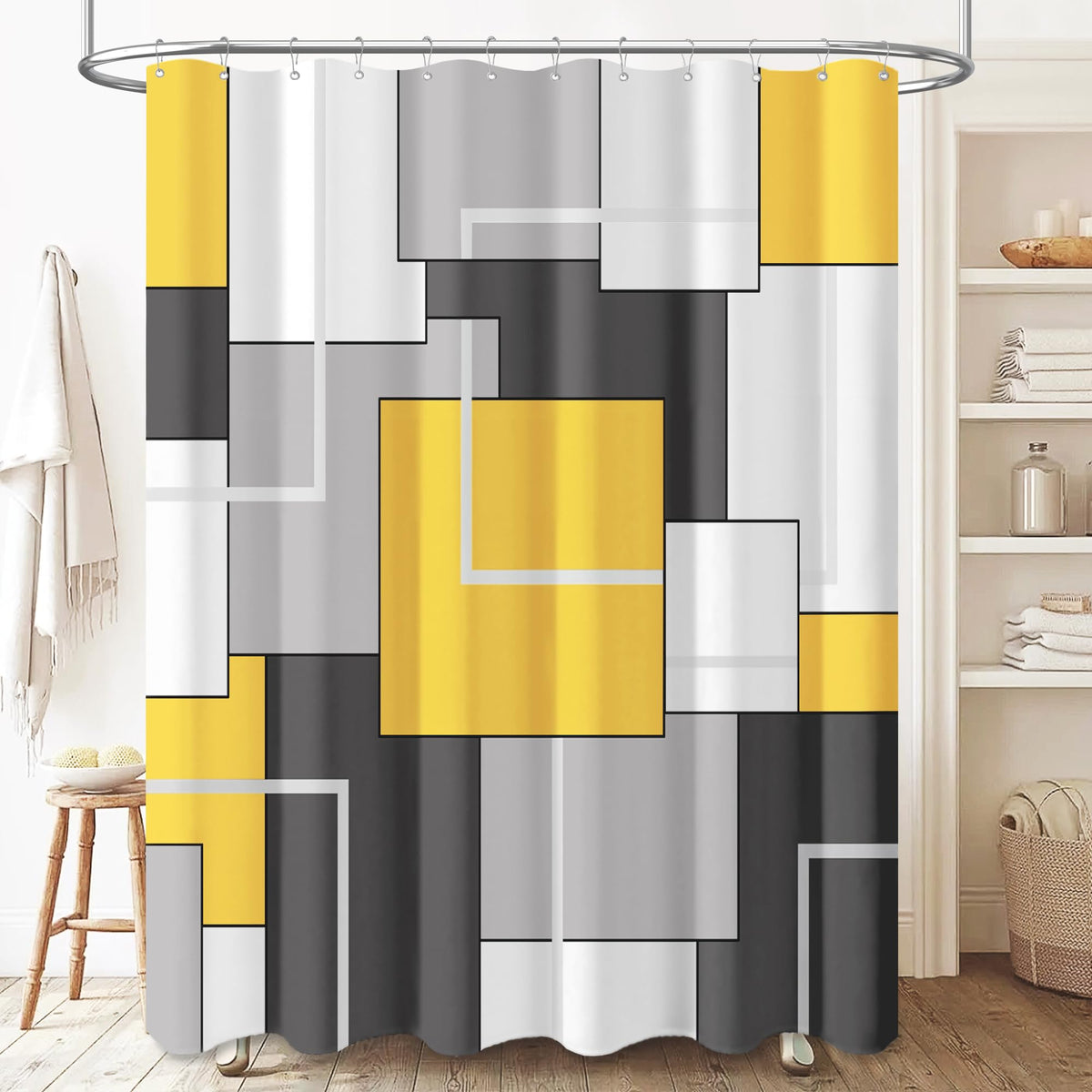 Bttn Extra Long Shower Curtain - 72 X 84 Inch Long Geometric Decorative Fabric Shower Curtain Set With 12 Plastic Hook, Water Repellent, Large Hotel Modern Unique Shower Curtains For Bathroom - Yellow