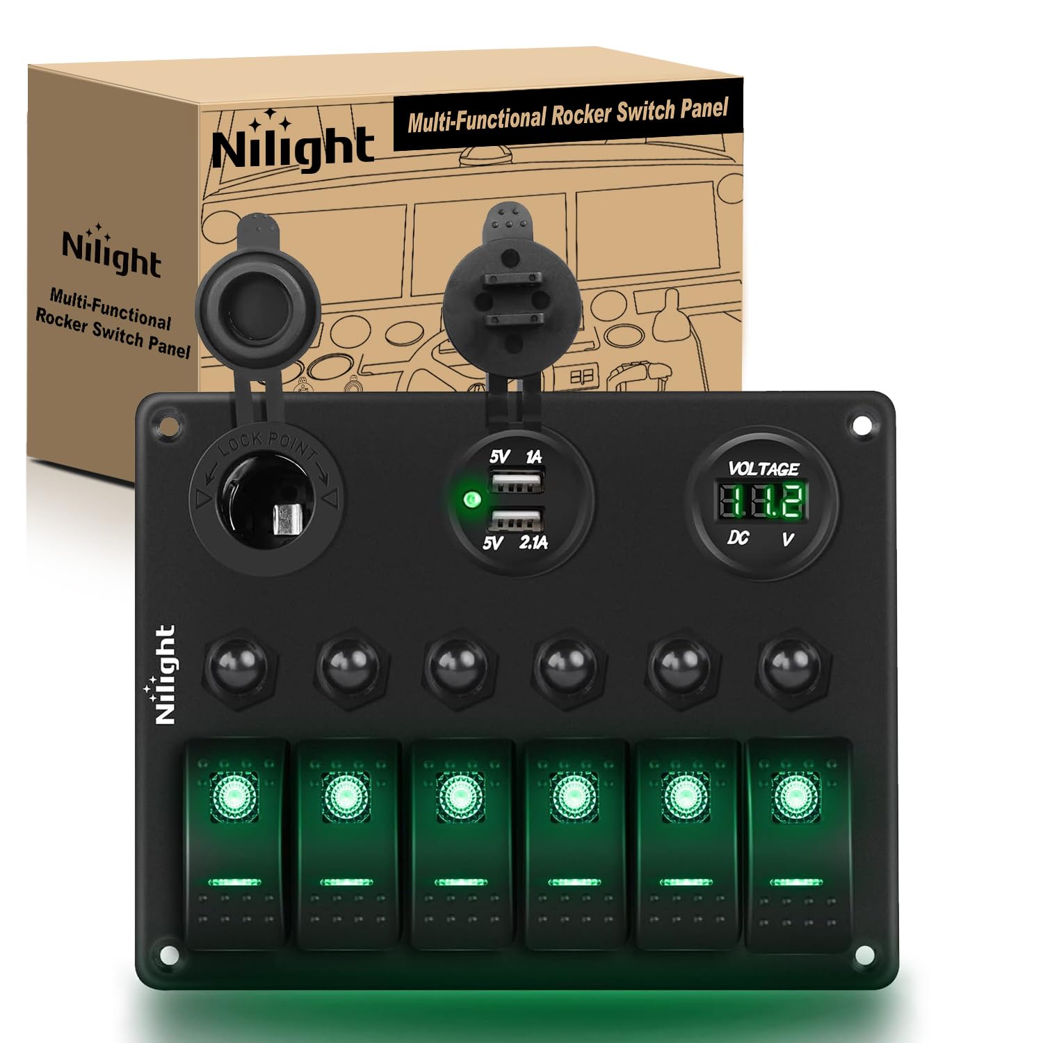 Nilight - 90123F 6 Gang On Off Rocker Switch Panel Green Backlit 12V24V Led Digital Voltmeter Dual Usb Charger Cigarette Lighter Socket Overload Protection Switch Panel For Cars Rvs Boats