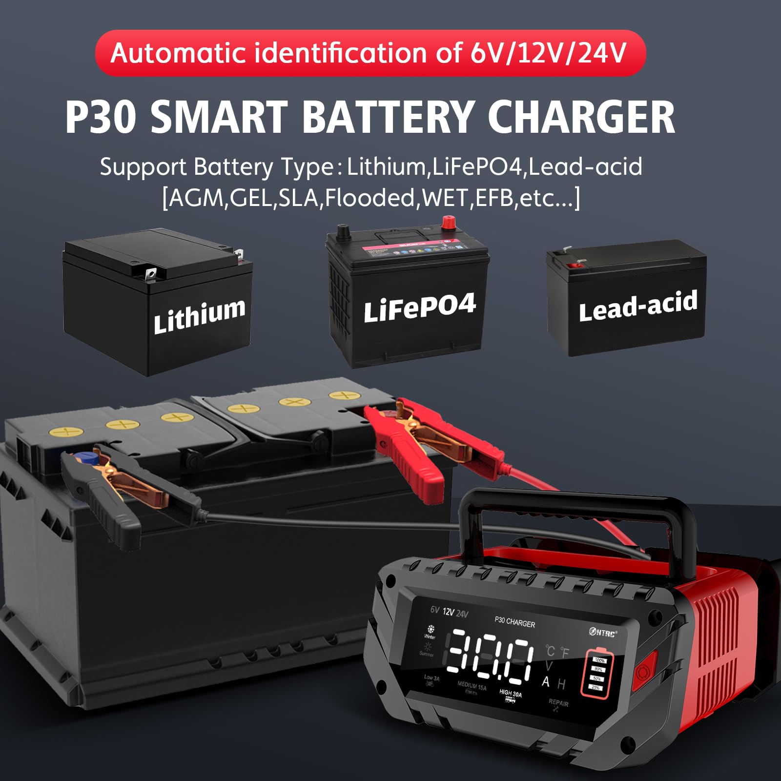 Yhchkj 30 Amp 6V/12V/24V Smart Trickle Charger, Car Battery Charger, Lithium, Lifepo4, Lead Acid (Agm/Gel/Sla) Battery Maintainer, Desulfurizer, For: Car, Boat, Motorcycle, Lawn Mowers