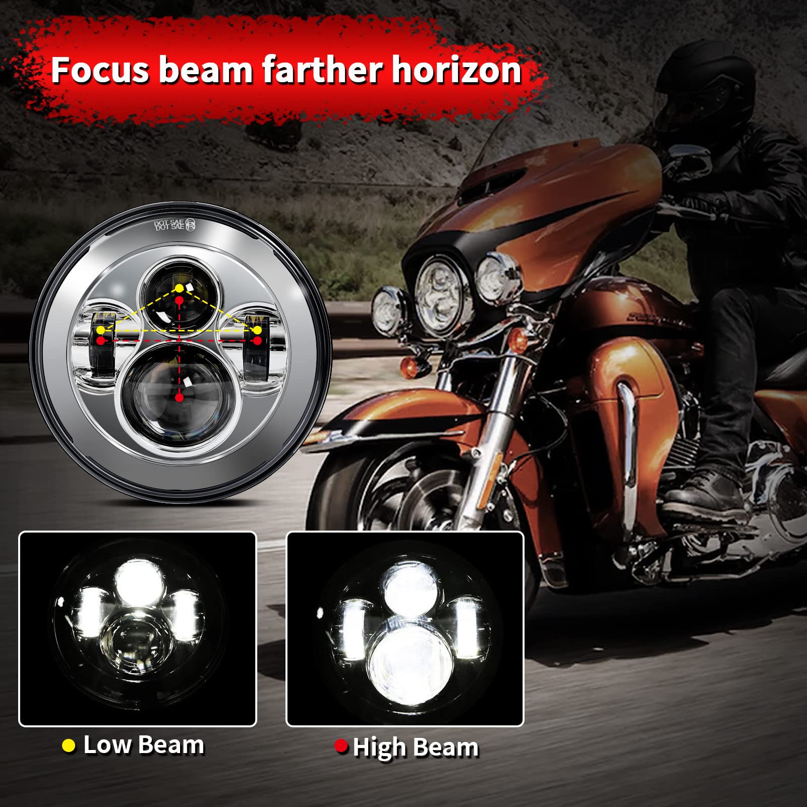 Wisamic Motorcycle 7 inch LED Headlight, 4.5 inch Passing Lamps Fog Lights and Mounting Ring, Compatible with Harley Davidson Ro
