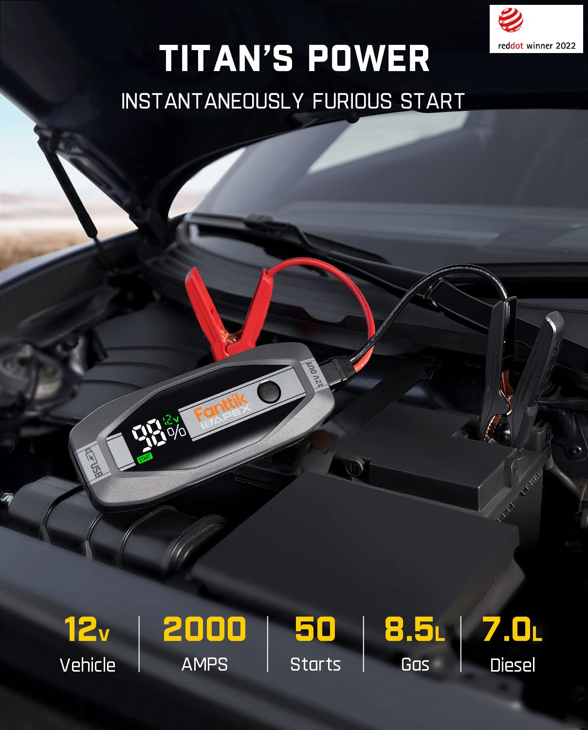 Fanttik T8 Apex 2000 Amp Jump Starter, 20000Mah Car Battery Pack For Up To 8.5L Gasoline And 6L Diesel Engines With Led Display,