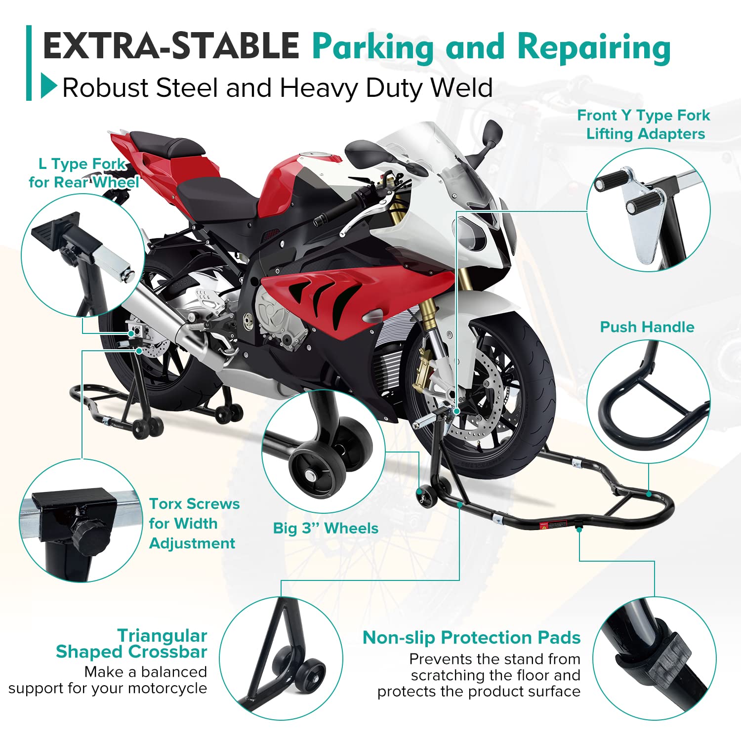 Donext Motorcycle Stand 850Lb Sport Bike Front And Rear Wheel Lift Swingarm Paddock Stands Black, L