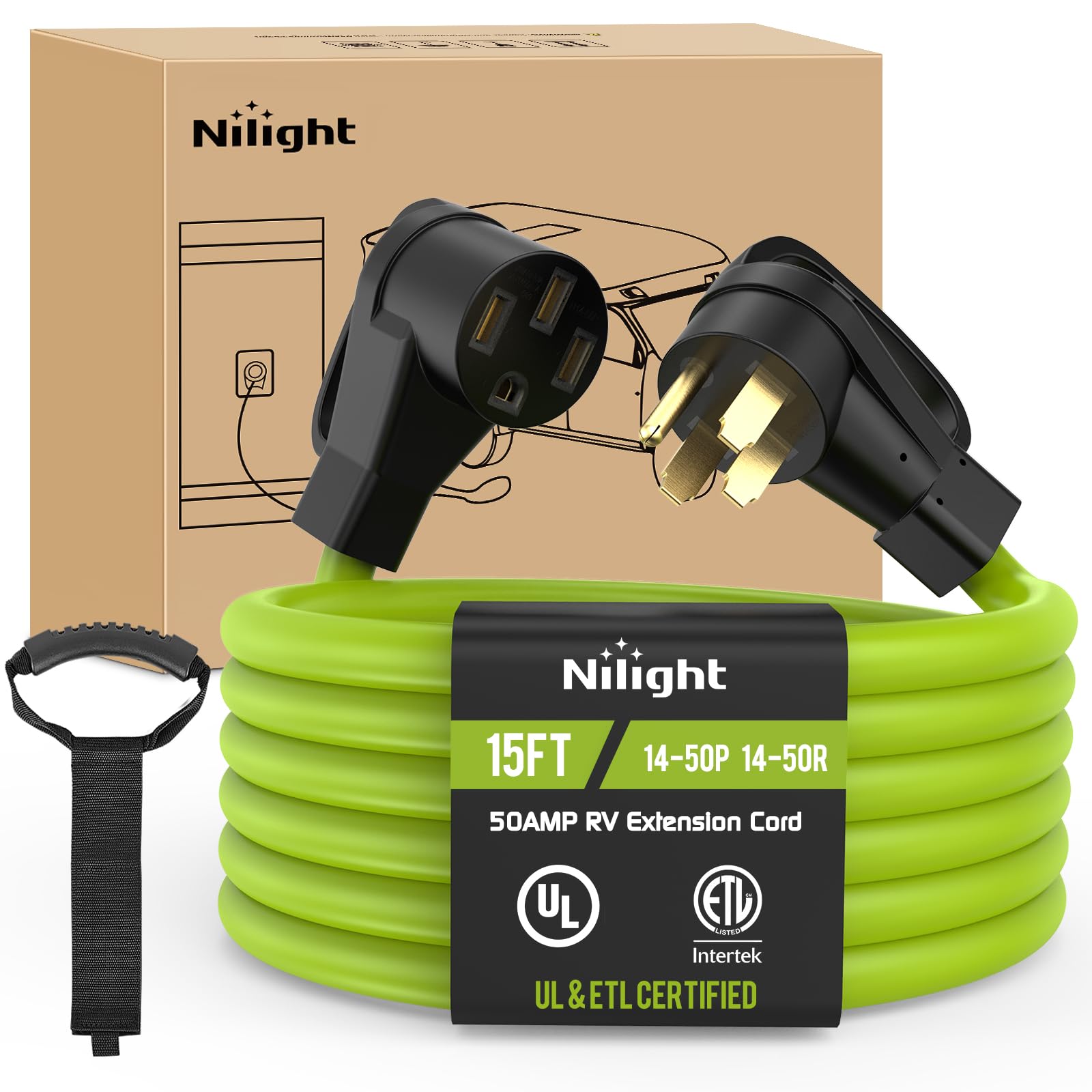 Nilight 15Ft 50 Amp Rv Extension Cord 250V Heavy Duty 6/3+8/1 Gauge Pure Copper Stw Wire Ul Etl Listed 4 Prong 14-50P 14-50R Wea