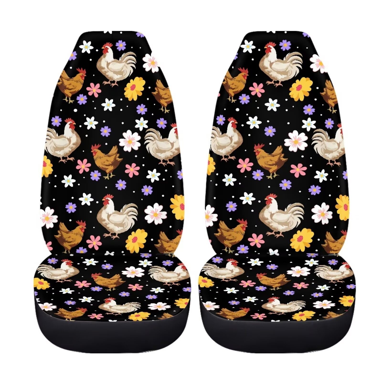 Bigcarjob Boho Chicken Car Seat Protector - Full Set Of 2 Pieces Hippie Daisy Chicken Vehicle Bucket Seat Pad For Women'S Auto I