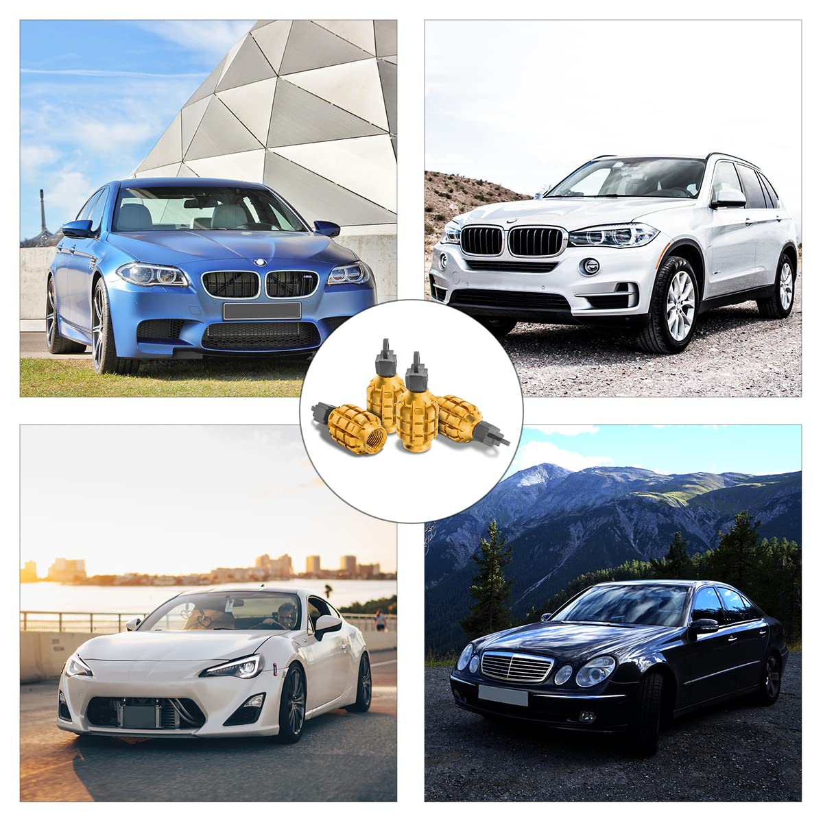 4 Pcs Car Tire Valve Stem Cap/Cover, Airtight Anti-Rust Valve Stem Caps Universal For Most Cars, Vehicles, Bicycles, Motorcycles And More, Cool Car Accessories For Men Women (Gold)