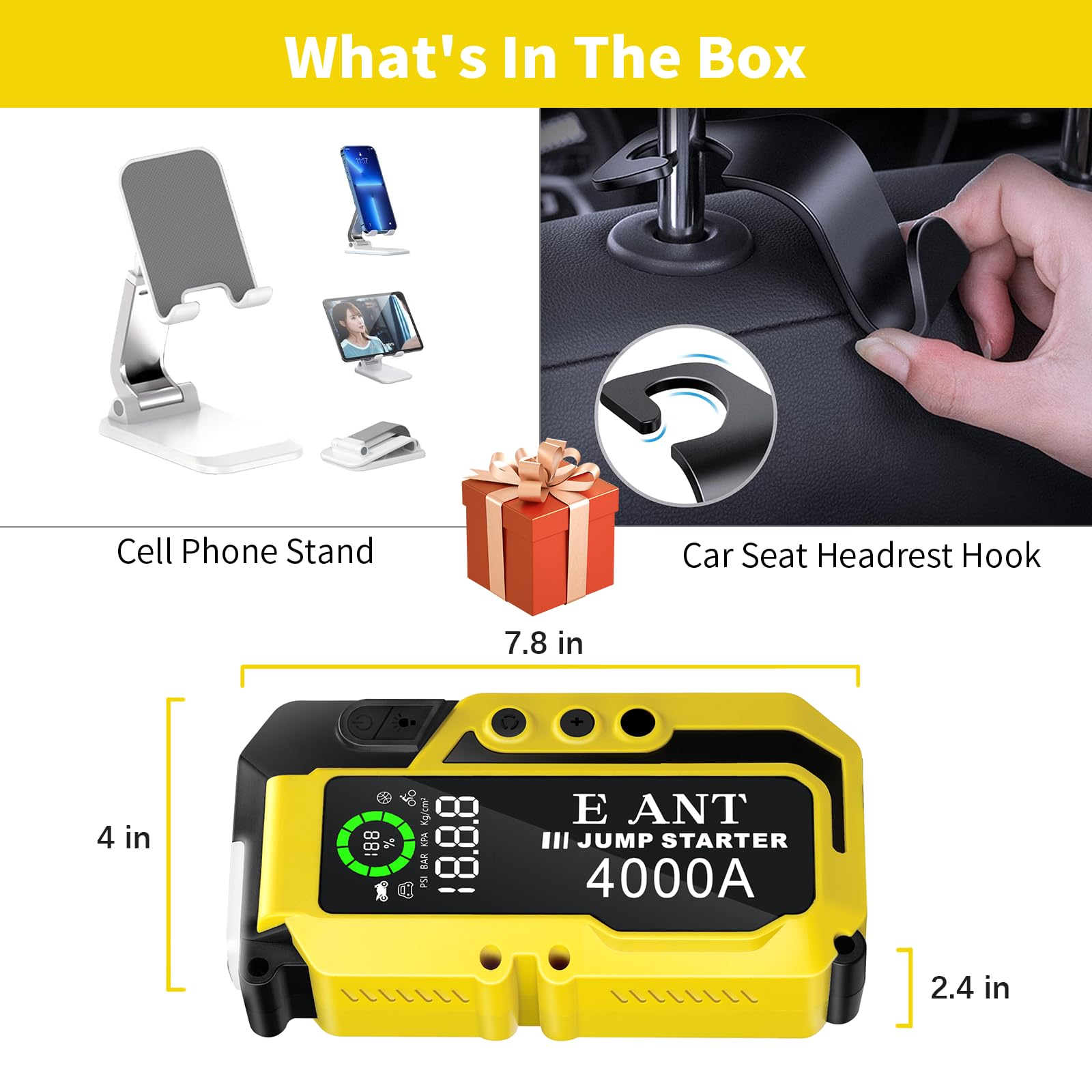 E-Ant Car Jump Starter With Air Compressor(10L Gas/8L Diesel), 4000A Peak 12V Auto Battery Jump Pack, Power Bank Usb Qc3.0 Outputs Portable Battery Booster Pack Jumper Box Tire Inflator 150Psi, Yellow
