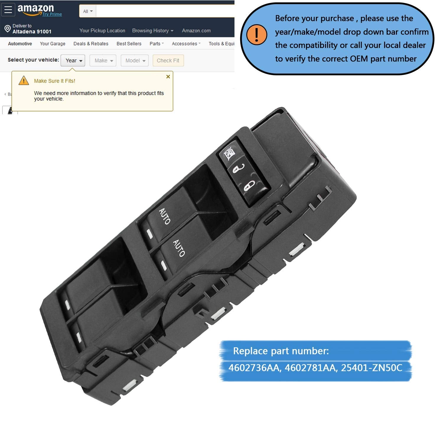 Front Driver Side Power Window Master Control Switch Compatible With Jeep Grand Cherokee & 06-10 Chrysler 300 Replace # 4602736A