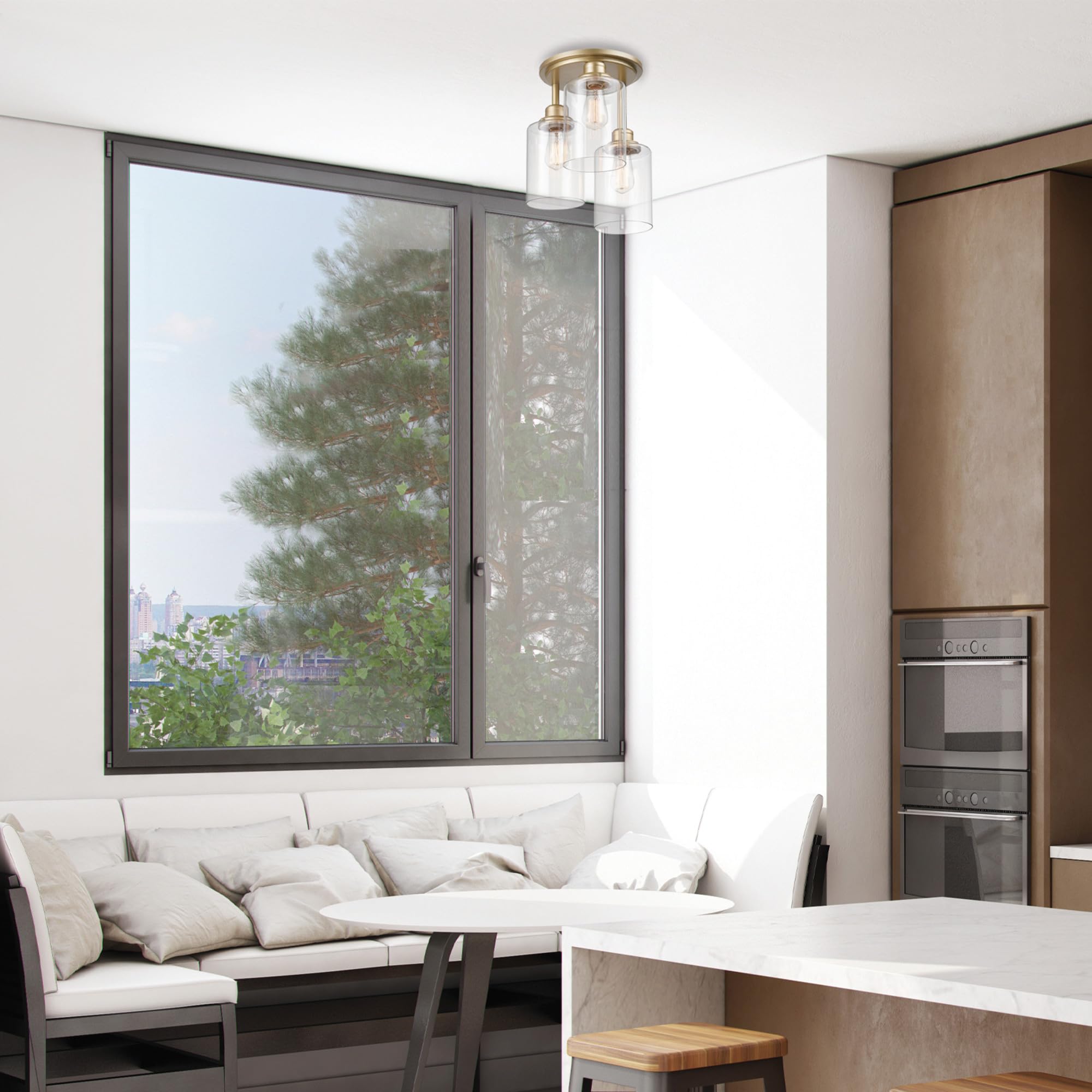 Globe Electric 65457 3-Light Flush Mount Ceiling Light, Matte Gold, Clear Glass Shades, Ceiling Light Fixture, Light Fixtures Ce