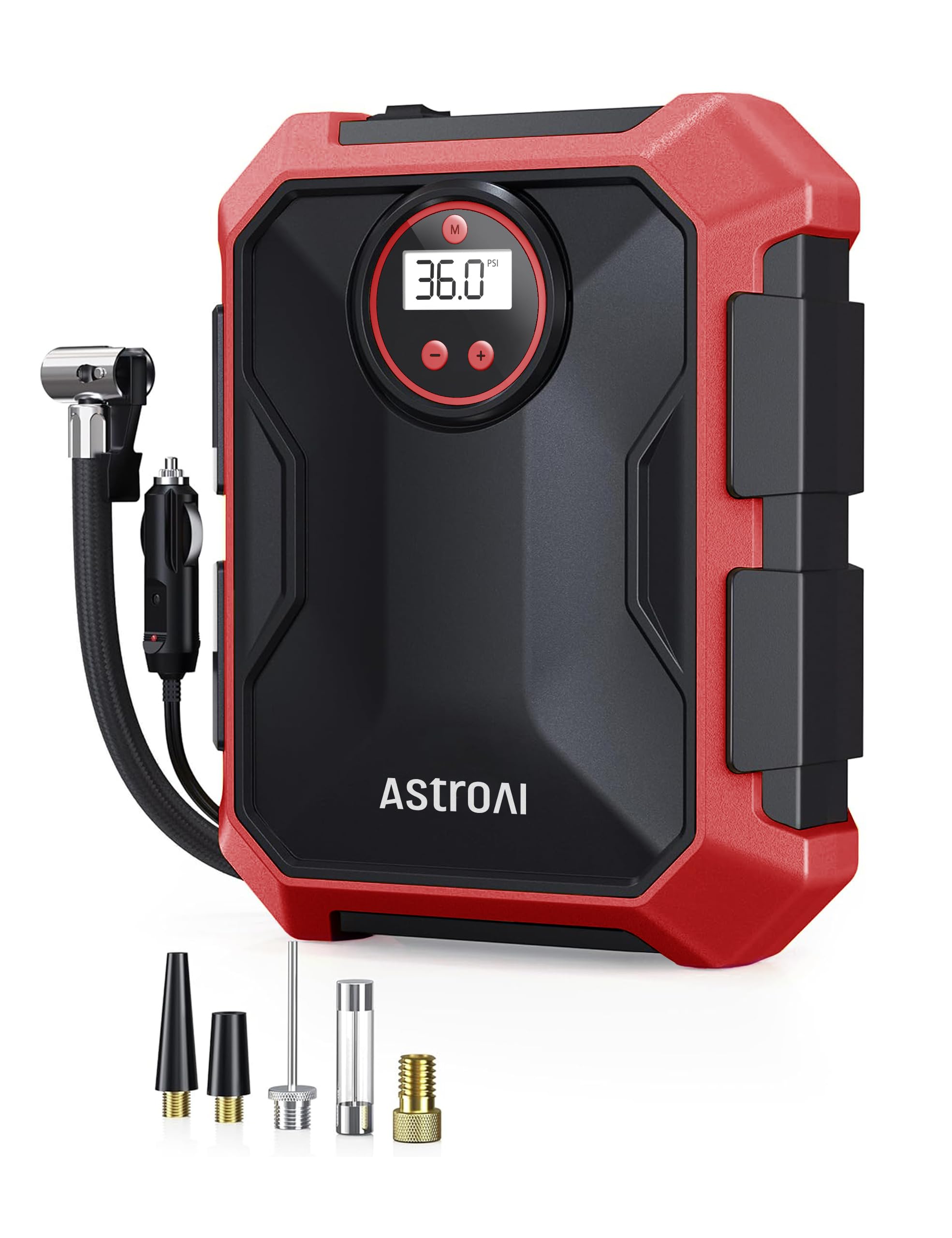 AstroAI 12V DC Tire Inflator Air Compressor - Portable Air Pump for Car Tires & Bicycles, 100PSI, LED Light, Red