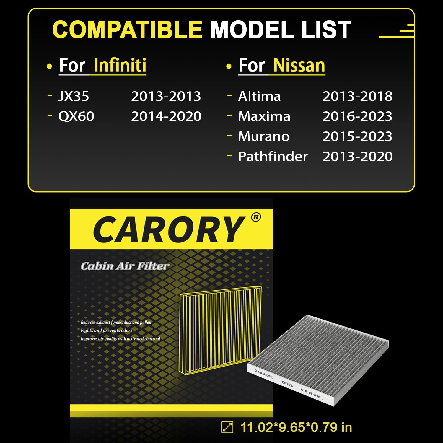 Carory Cabin Air Filter W/Activated Carbon For Select 2013-2020 Nissan, Infiniti Models - Altima, Maxima, Murano, Pathfinder, Jx