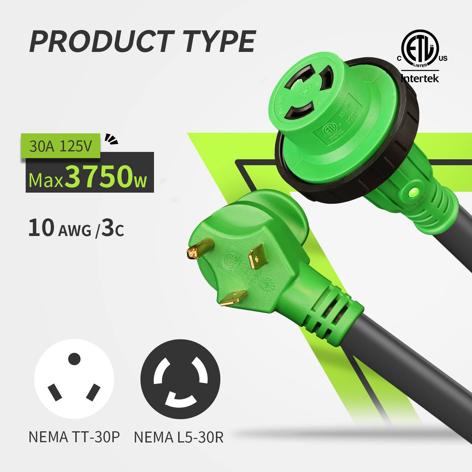 Rvmate 30 Feet 30 Amp Rv Lockable Power Extension Cord With Easy Plug-In Handle, Tt-30P To L5-30R, Led Indicator, 10 Awg, Etl Li