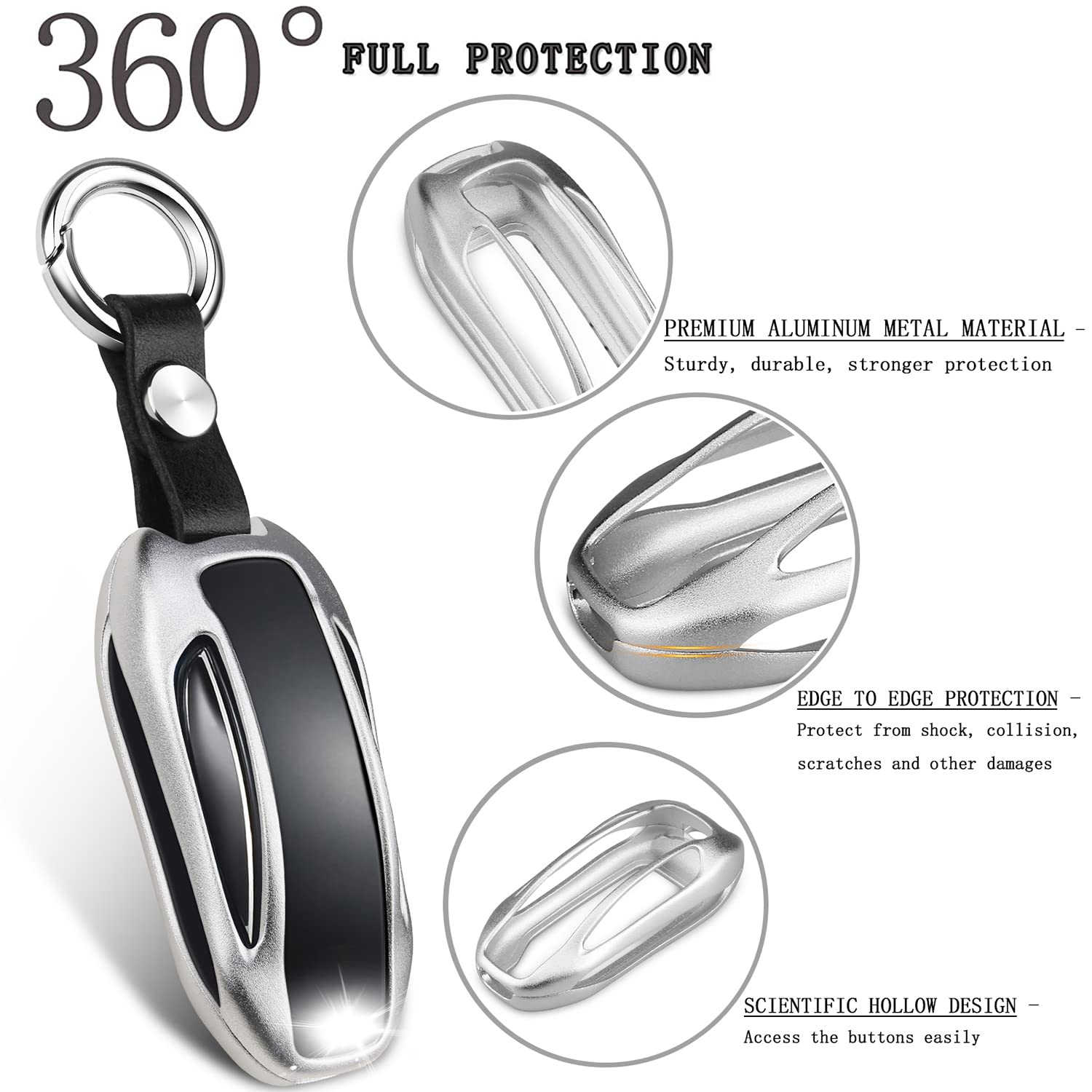 Qbuc For Tesla Key Fob Cover With Keychain Compatible With Tesla Model X Keyless Protection Case Smart Remote Accessories (Silve