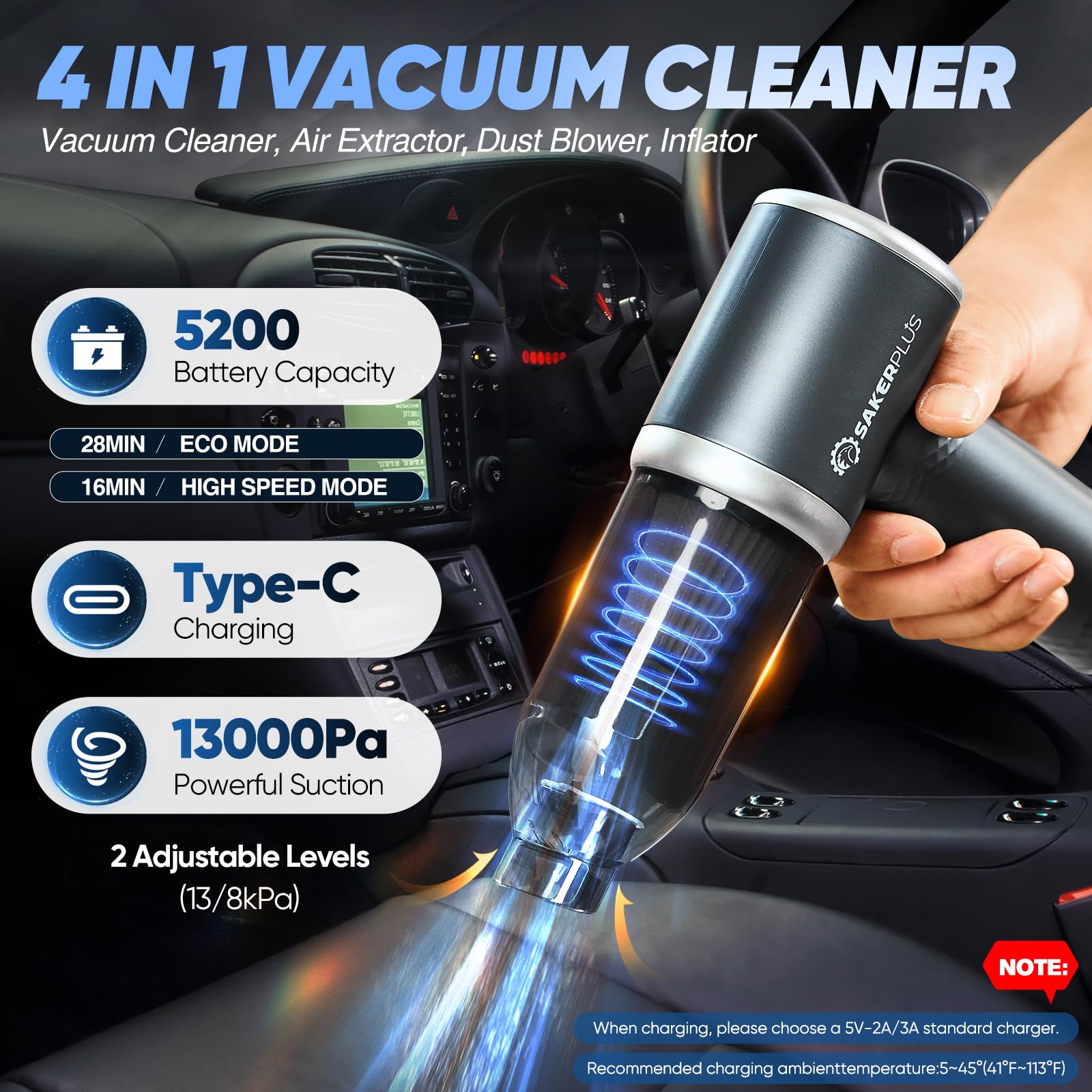 SakerPlus Mini Vacuum Cleaner, 3 in 1 Cordless Handheld Vacuum Cleaner, 13000Pa High Power Car Vacuum Cleaner with Brushless Mot