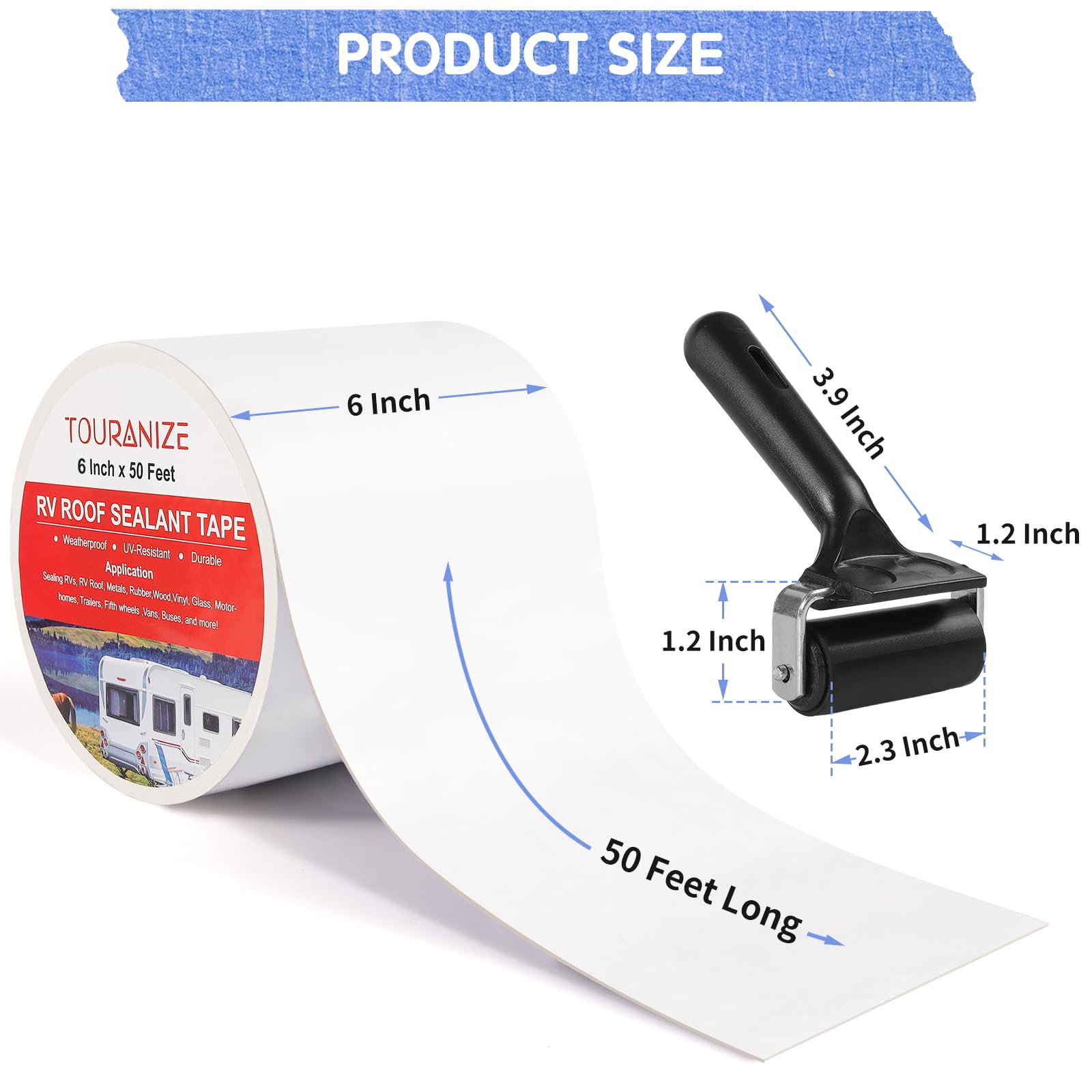 Touranize Rv Roof Tape With Rubber Roller, 6 Inch X 50 Feet Rv Sealant Tape For Camper Roof Repair, Boat Sealing, Trailer Roof S