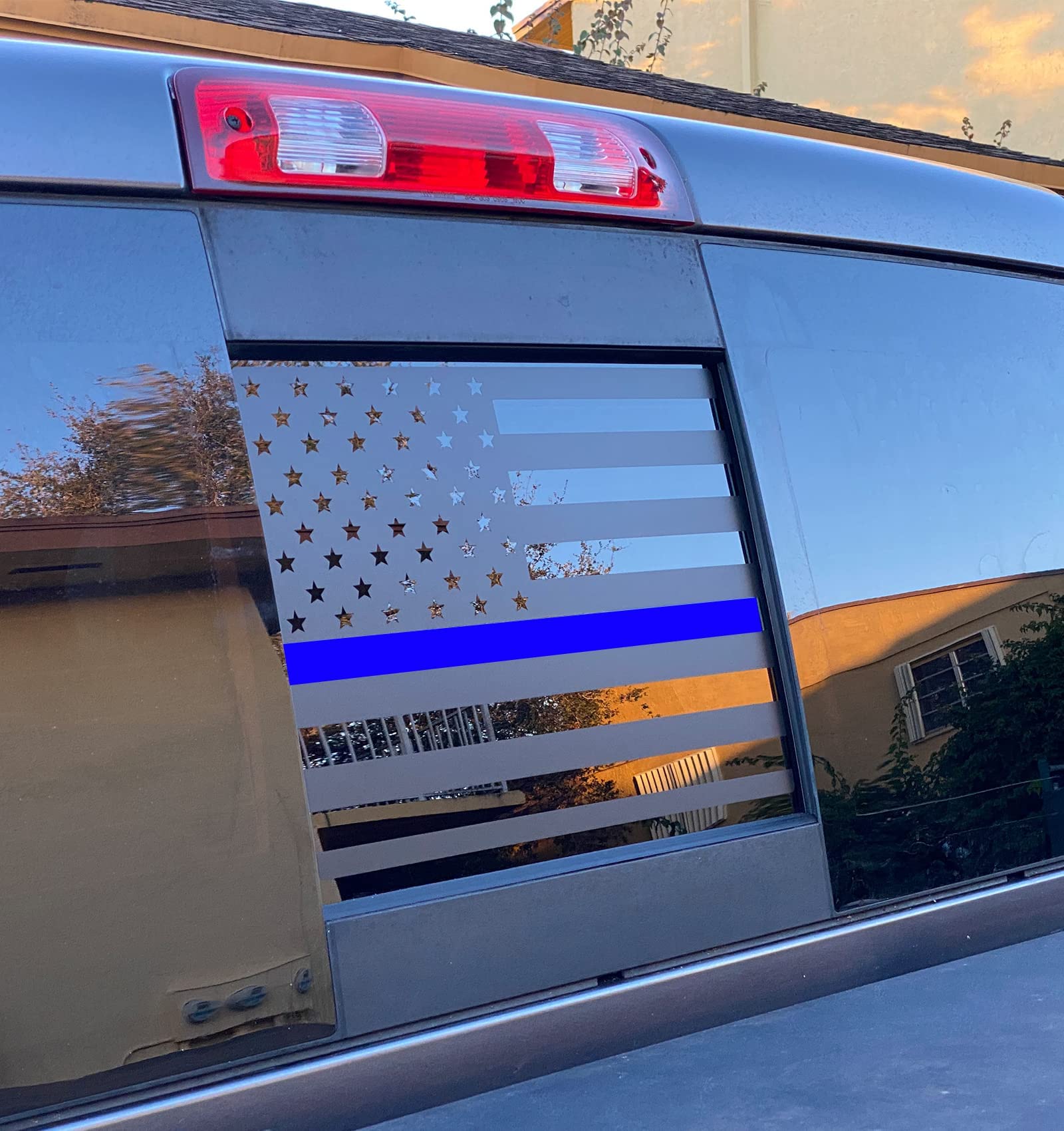 Xinghe For 2019-2025 Chevy Silverado Gmc Sierra, Rear Middle Window Blue Line American Flag Decals Stickers, Matte Black Patriot