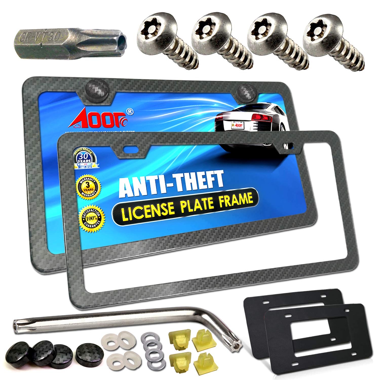 Aootf License Plate Frames Anti Theft- Tamper Proof Carbon Fiber Patterns Car Tag Holder, Heavy Duty Black Aluminum Bracket, Mou