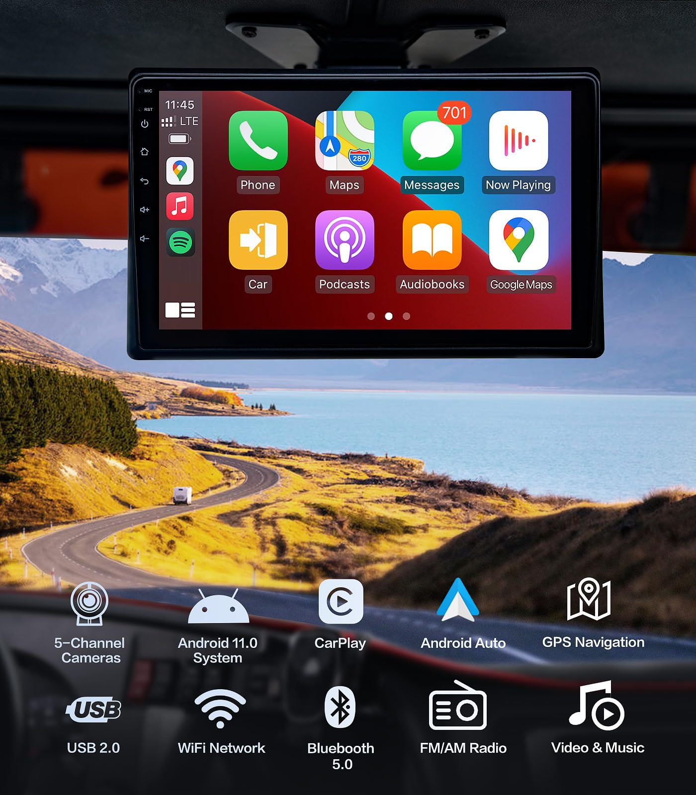 5-Channel 1080P Backup Camera Dash Cam With 9'' Monitor Android.11 System,Dvr Recording Back Up Camera For Rv/Truck/Van/Trailer/