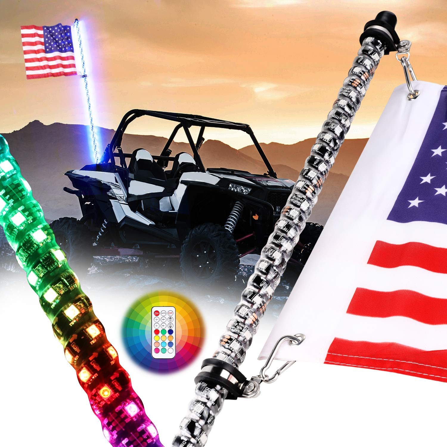 Nirider 4Ft Led Whip Light With Flag Pole Remote Control Spiral Rgb Chase Light Offroad Warning Lighted Antenna Led Whips For Ut
