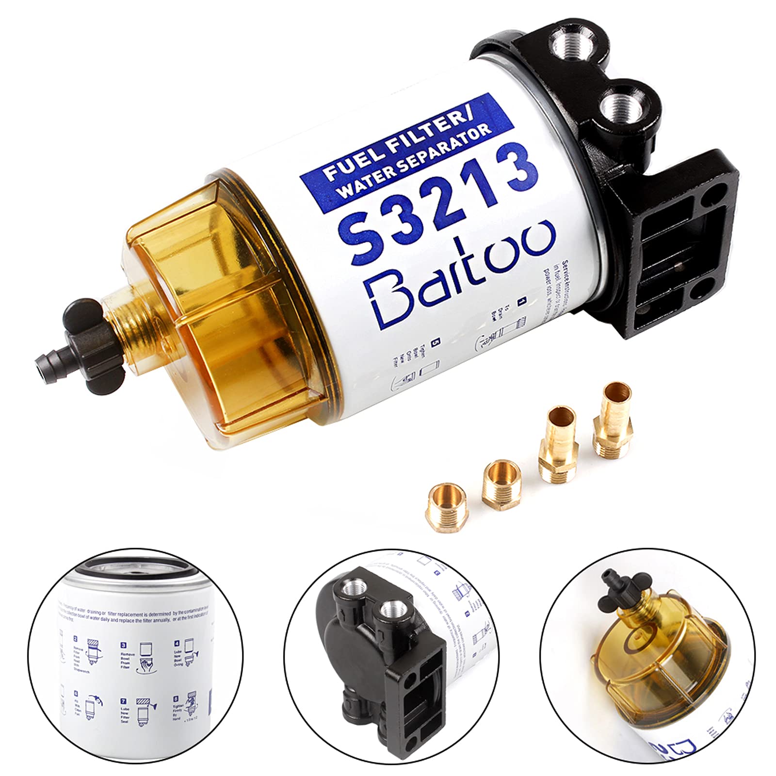 Bartoo S3213 Fuel Water Separator Marine,3/8 Inch Npt Port For Outboard Motor Mercury 35-60494-1 Yamaha Racor Sierra Engine Boat