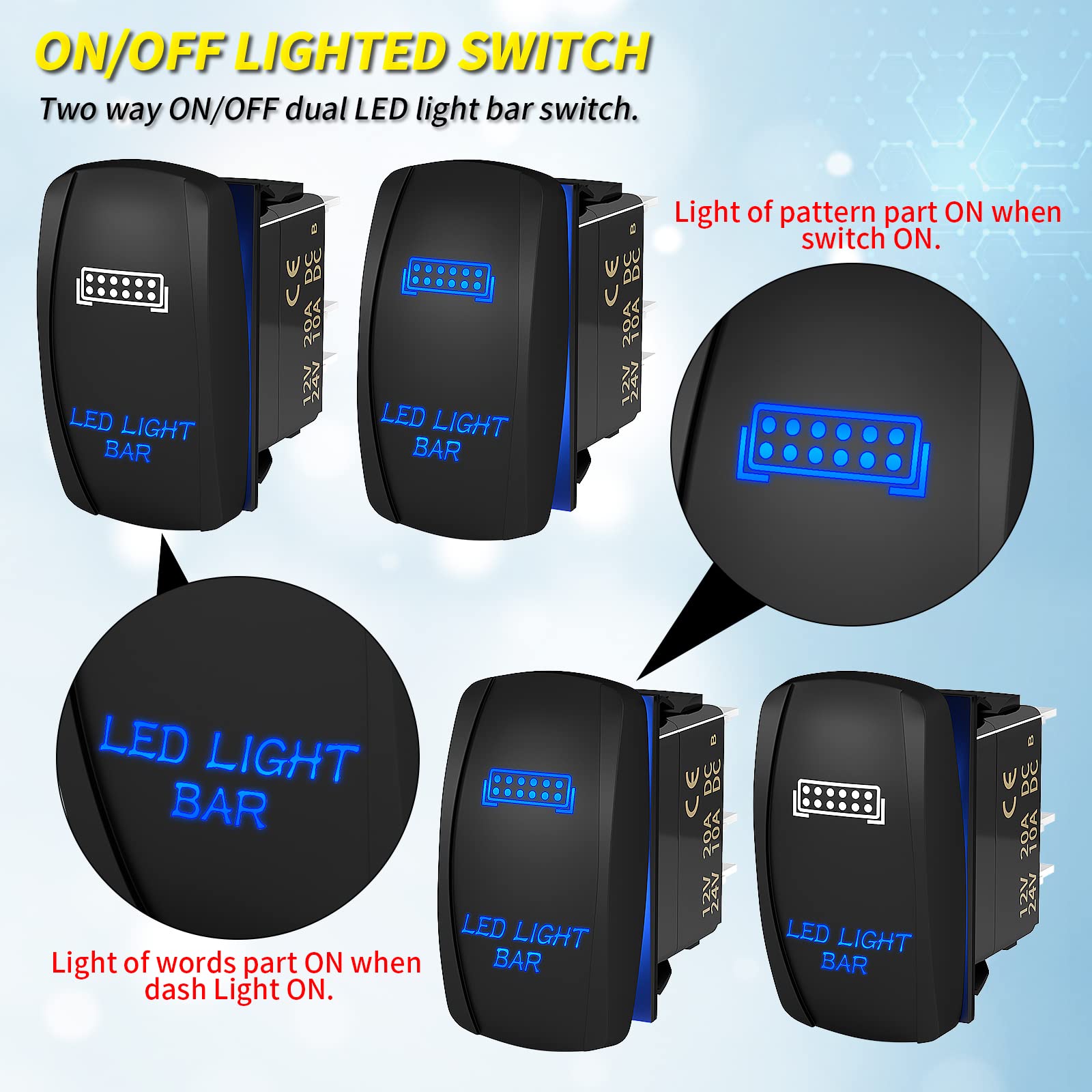 Joinfworld Led Light Bar Rocker Switch And Rear Light Toggle Switch On/Off Laser Waterproof Marine Rocker Switch 12V 5 Pin Toggl