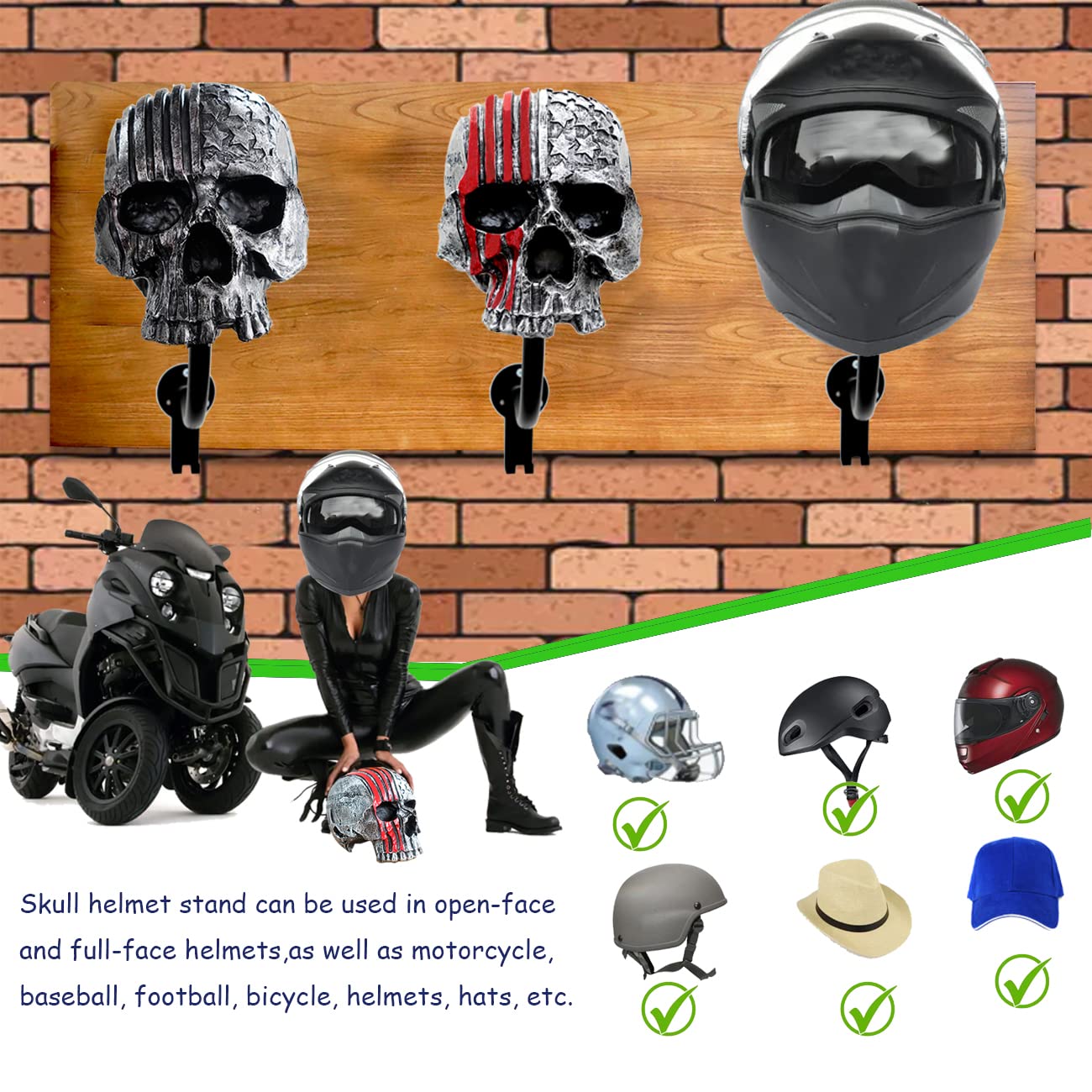 Tooyuart Helmet Holder,Skull Helmet Holder Wall Mount Helmet Rack With 2 Hooks Helmet Hanger For Coats,Caps,Baseballs,Rugby Helm